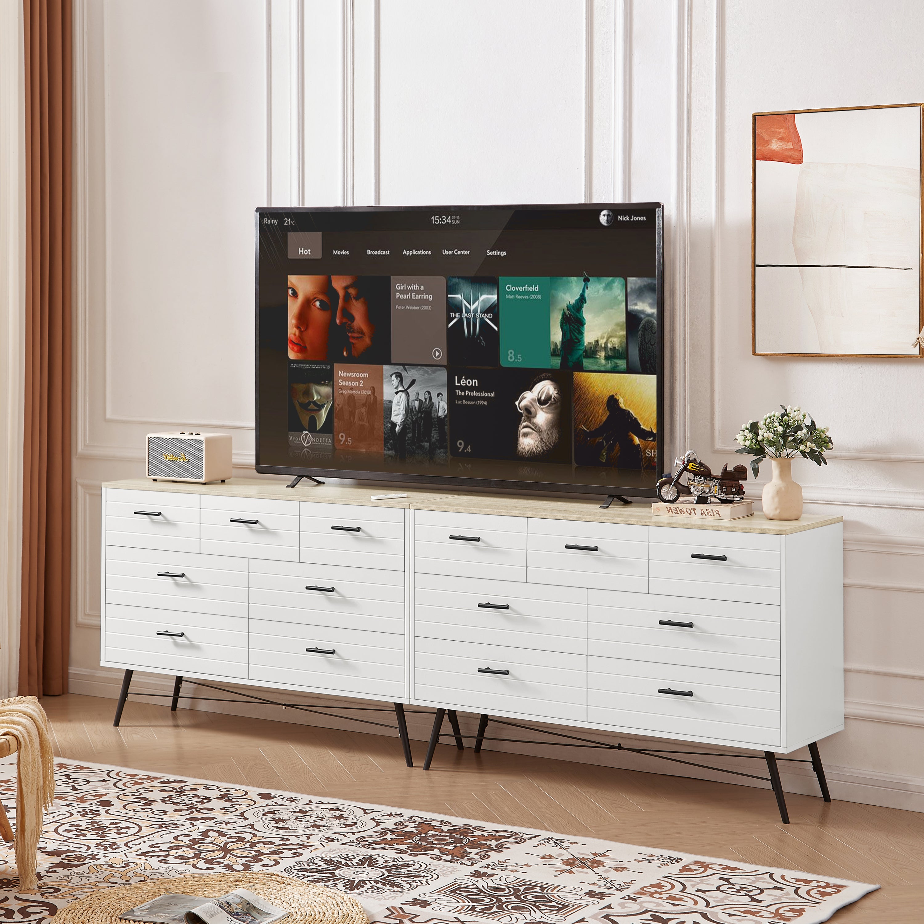 HAOYYE 7-Drawer Dresser for Bedroom with Deep Drawers, Modern White Wood Chest of Drawers, Long Storage Dresser for Closet and Living Room, White & Oak, Sturdy Space-Saving Design, Ideal for Organizing Clothes and Essentials