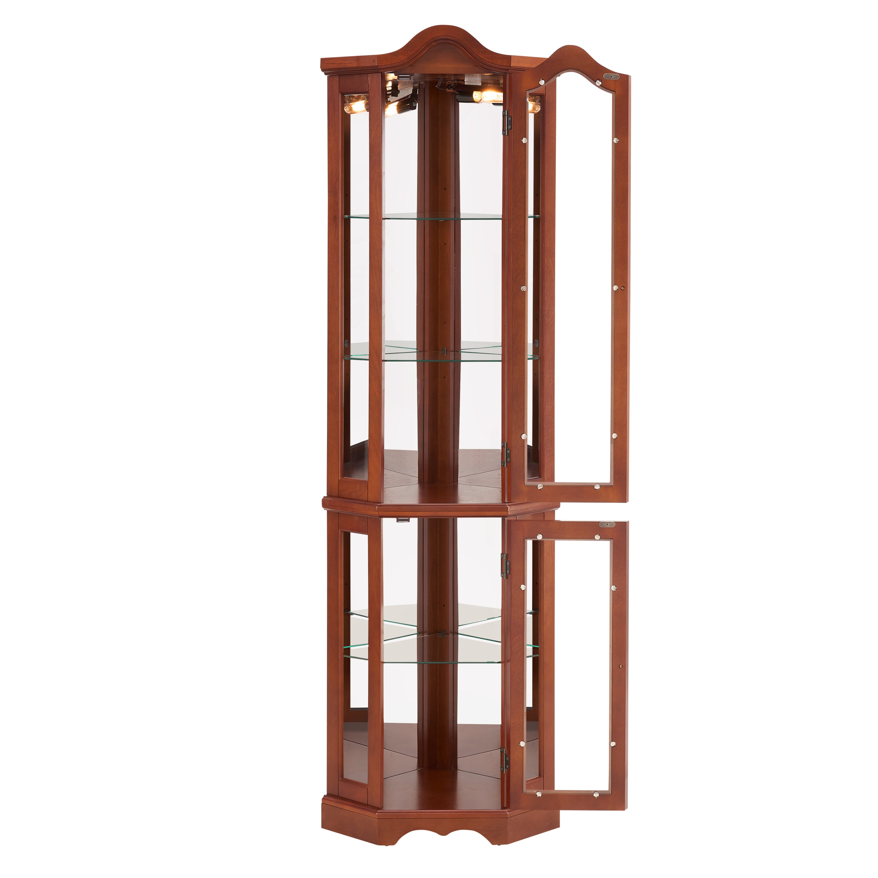 HAOYYE Corner Curio Cabinet with Adjustable Tempered Glass Shelves, Mirrored Back, LED Lights, Elegant Display Cabinet in Walnut Finish, Sturdy Space-Saving Design, Modern Heavy Duty Storage for Home, Office, Living Room