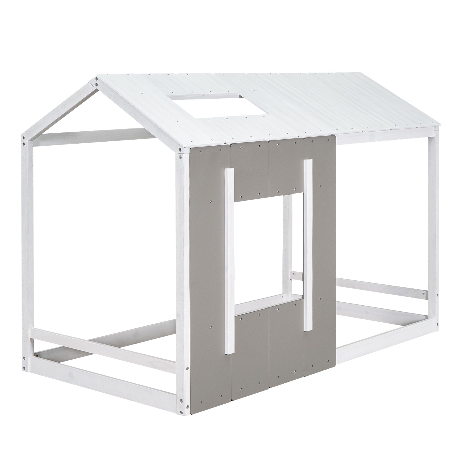 HAOYYE Twin Size House Platform with Roof and Window, White+Antique Grey(Old SKU: WF294130AAE) Sturdy Space-Saving Heavy Duty Modern Design Adults Dorm Room Easy Assembly Bedroom Furniture