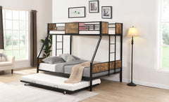 HAOYYE Twin Over FULL Metal Bunk Bed with Trundle 2 - Side Ladder and Full-Length Guardrail, No Box Spring Needed, Large Under Bed Storage, Easy Assemble , Black & Brown Sturdy Space-Saving Heavy Duty