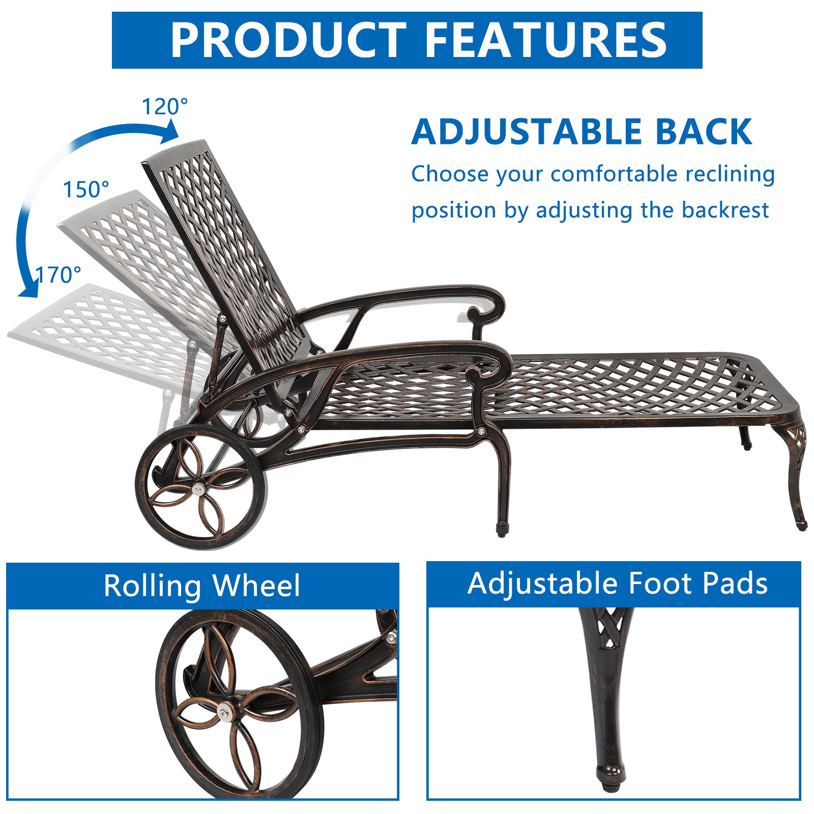 HAOYYE Adjustable Backrest Courtyard Cast Aluminum Lying Bed, Black, Sturdy Outdoor Lounge Chair for Relaxing, Perfect for Garden, Patio, or Backyard, Comfortable and Durable Design, Easy to Adjust for Ultimate Comfort