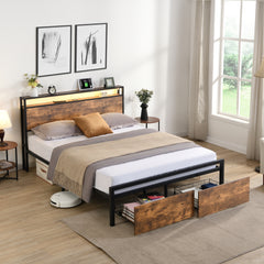 HAOYYE Full Size Bed Frame with Storage Headboard and 2 Drawers, LED Lights Bed with Charging Station, Metal Platform Bed No Noise, Mattress Foundation Strong Metal Slats Support No Box Spring Needed Sturdy