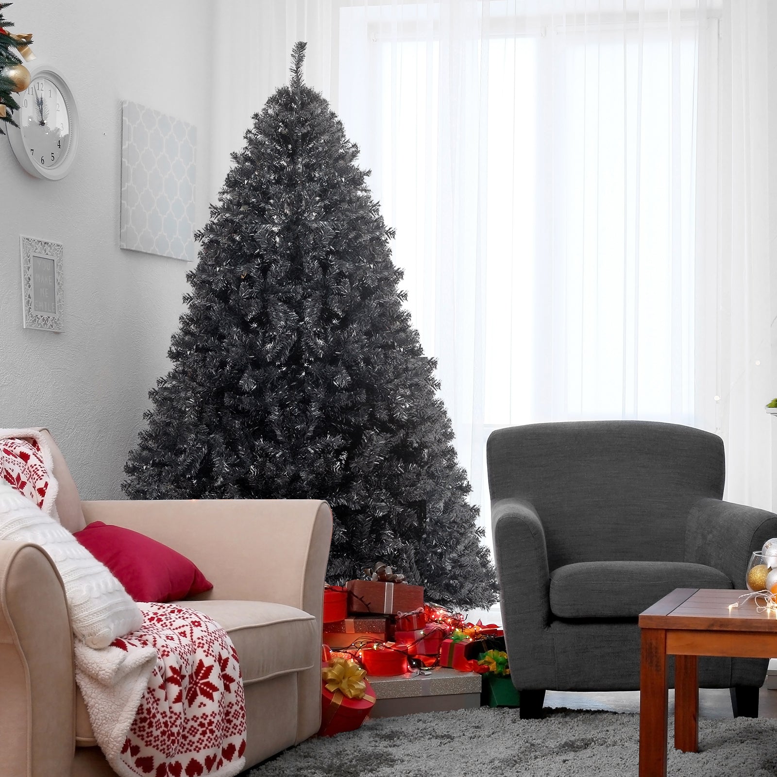 HAOYYE Black Christmas Tree Artificial PVC Holiday Decoration Tree with 1050 Realistic Branch Tips Stable Metal Base Easy Assembly Flame-Resistant for Home Office Indoor Winter Holiday Display