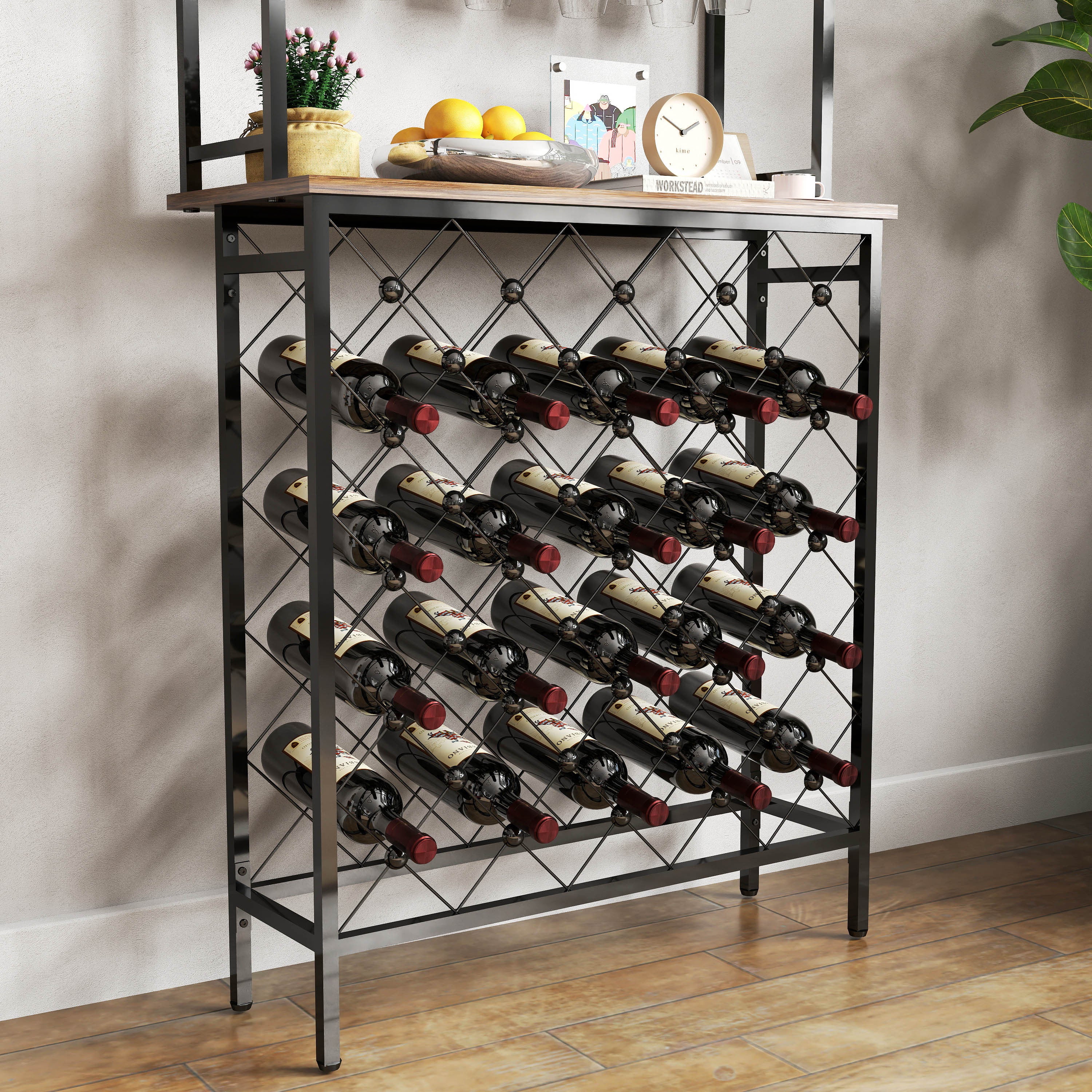 HAOYYE Industrial Wine Rack Bar Table, 3-Tier Liquor Bottle and Glass Holder with Storage Shelves, Metal and Wood Wine Organizer for Home Kitchen, Dining Room, and Living Room Sturdy Space-Saving Heavy Duty
