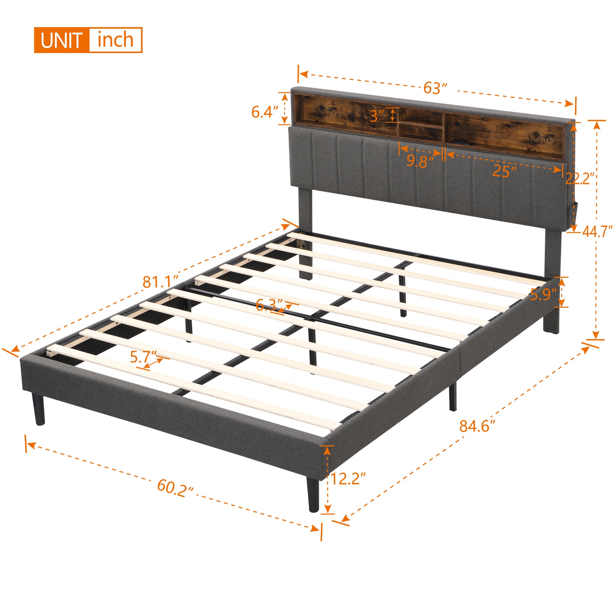 HAOYYE Queen Size Upholstered Platform Bed with Storage Headboard and USB Port, Linen Fabric Upholstered Bed (Gray) Sturdy Space-Saving Heavy Duty Modern Design Adults Dorm Room Easy Assembly