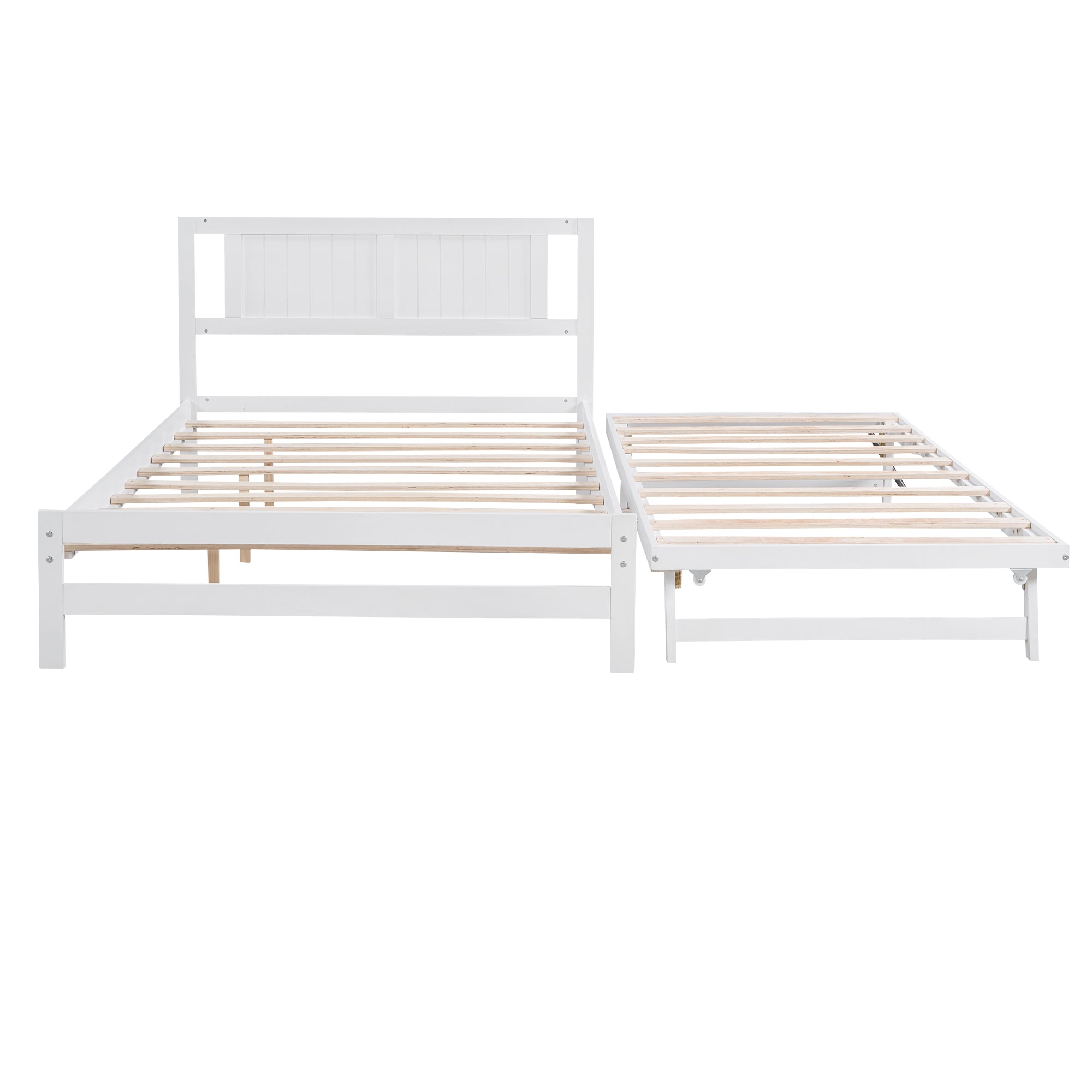 HAOYYE Full Size Platform Bed with Adjustable Trundle, White, Space-Saving Modern Design, Sturdy and Heavy-Duty Wood Frame, Ideal for Guest Room, Apartment, or Dorm, Easy Assembly Bedroom Furniture