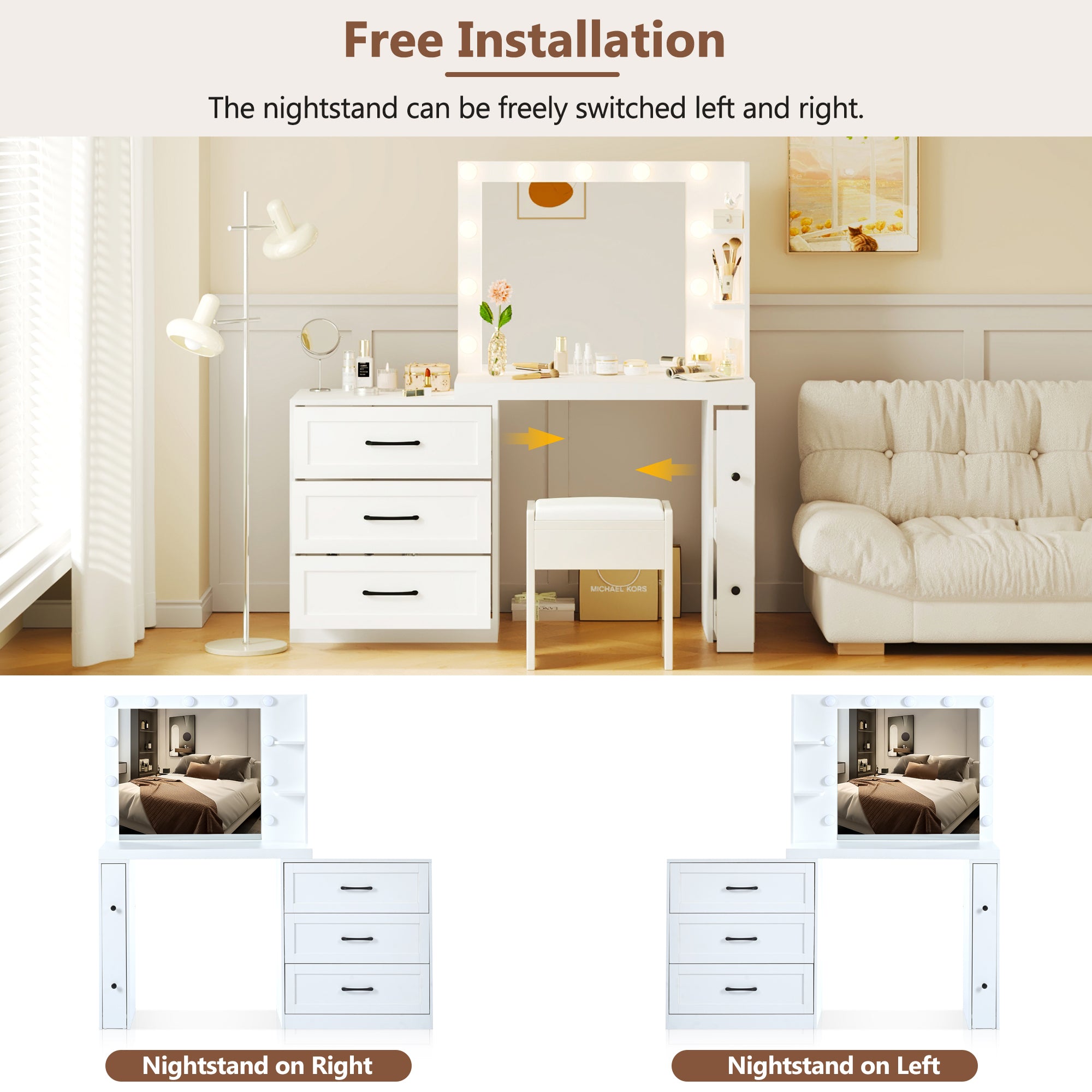 HAOYYE 55.2" Vanity Desk with Freely Adjustable Side Cabinet, Makeup Vanity with Hollywood Lights, 5 Storage Drawers & 2-shelves, Modern Dressing Table, White
