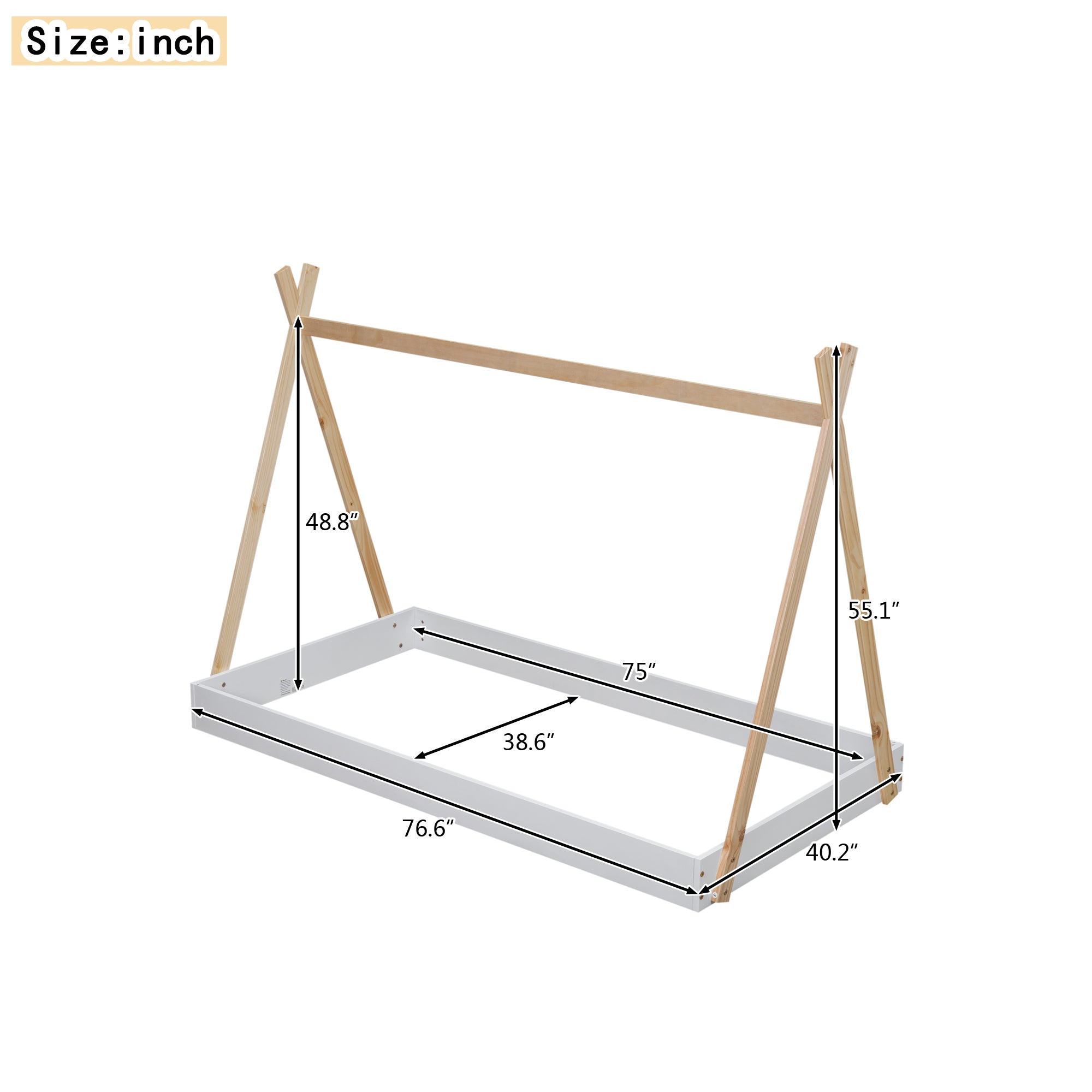 HAOYYE Twin Size Tent Floor Bed with Triangle Structure, White+Natural Sturdy Space-Saving Heavy Duty Modern Design Adults Dorm Room Easy Assembly Bedroom Furniture