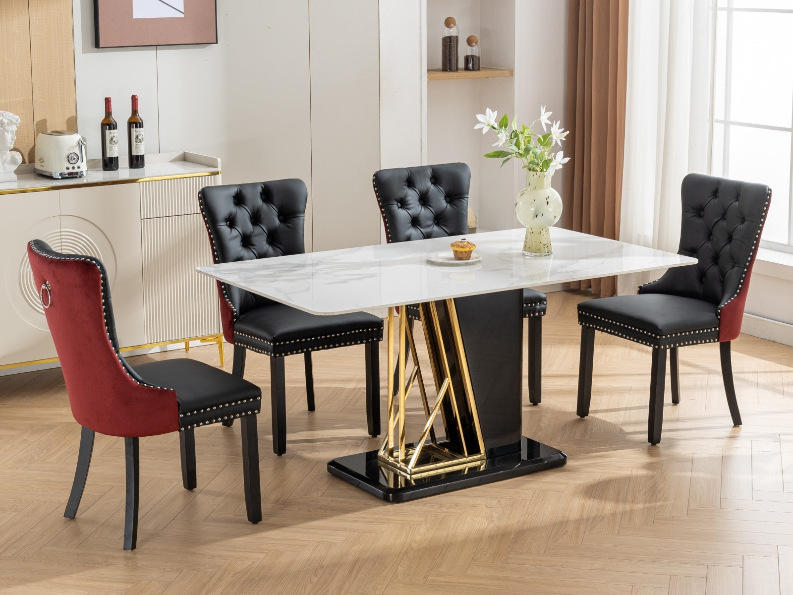 HAOYYE Nikki Collection Modern, High-end Tufted Solid Wood Contemporary PU and Velvet Upholstered Dining Chair with Wood Legs Nailhead Trim 2-Pcs Set, Black+WineRed, Burgundy,SW2101BW Sturdy