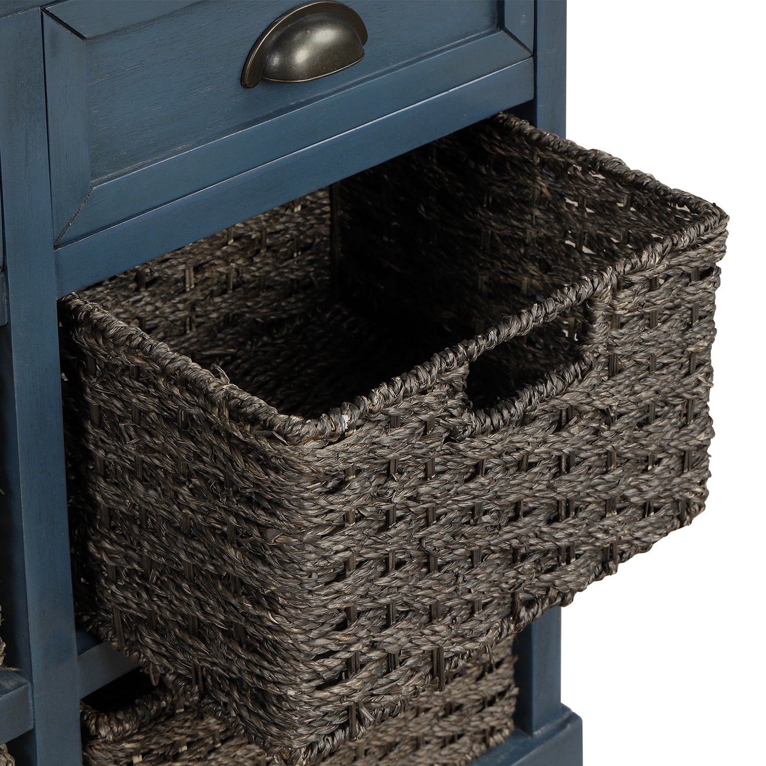 HAOYYE Rustic Storage Cabinet with Two Drawers and Four Classic Rattan Baskets for Dining Room, Entryway, or Living Room, Antique Navy, Sturdy Space-Saving Design, Heavy Duty Construction, Easy Assembly, Durable and Stylish Home Furniture