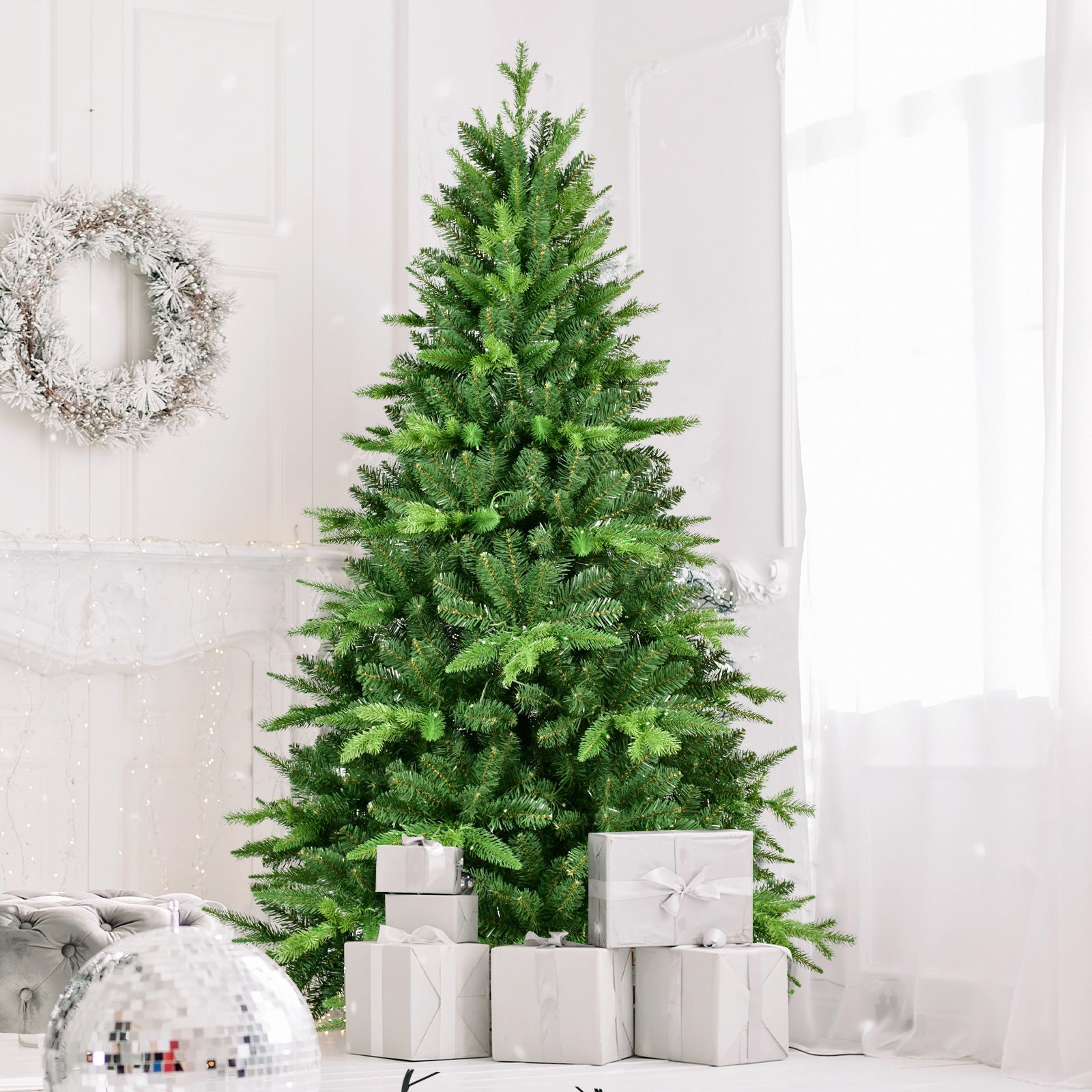 HAOYYE 5FT PE And PVC Christmas Tree with Lights, Unique Christmas Tree Prelit with 850 Branch Tips, 250 Warm White LEDs and Metal Stand, Aritificial Christmas Tree Sturdy Space-Saving Heavy Duty Adults