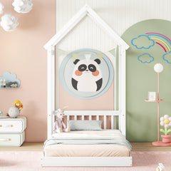 HAOYYE Twin House-Shaped Roof Headboard Floor Bed, White Pine Wood, Sturdy and Space-Saving Heavy Duty Modern Design, Easy Assembly for Bedroom or Dorm Room, No Slats Included