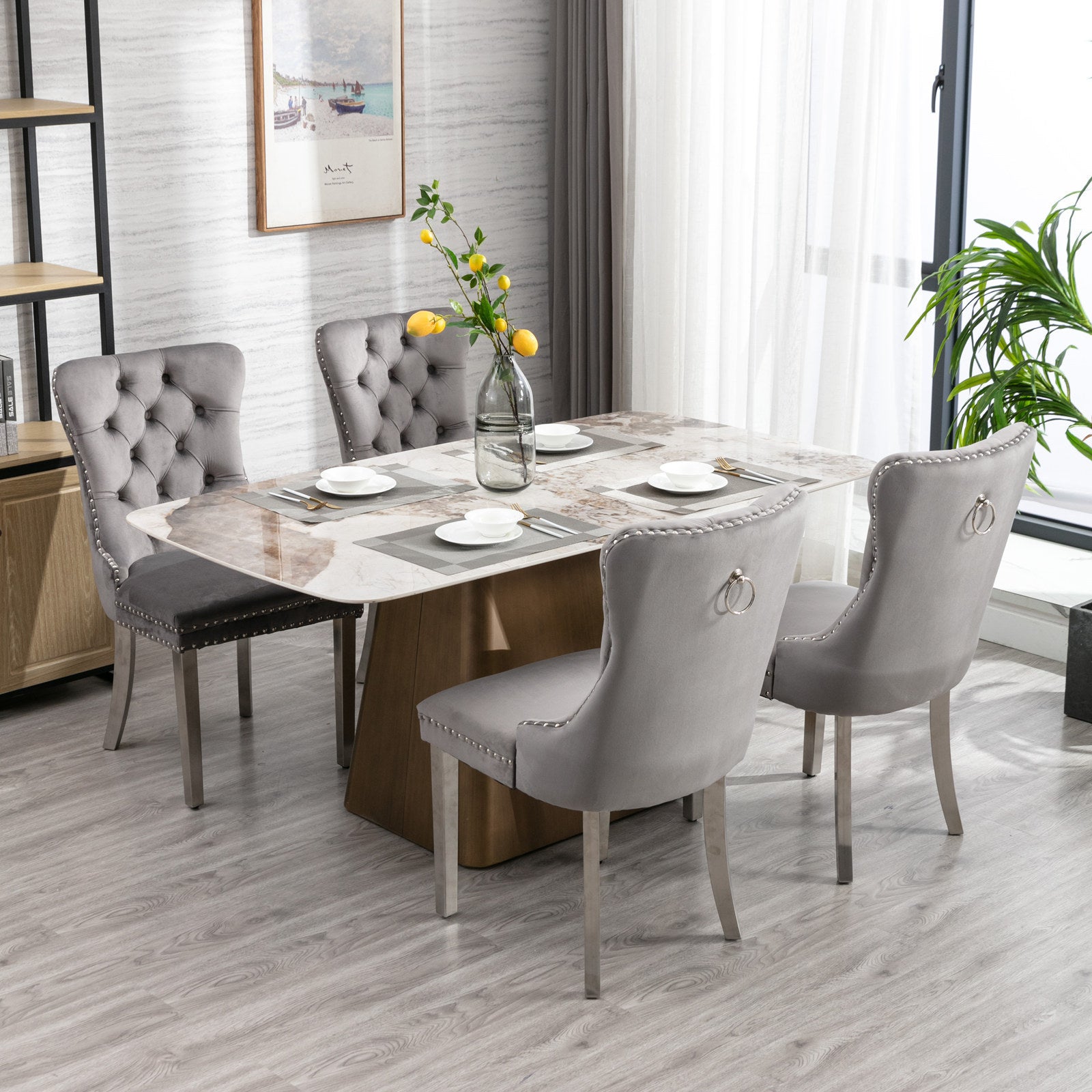HAOYYE High-end Tufted Solid Wood Contemporary Velvet Upholstered Dining Chair with Chrome Stainless Steel Plating Legs,Nailhead Trim,Set of 2,Gray and Chrome, SW1701GY