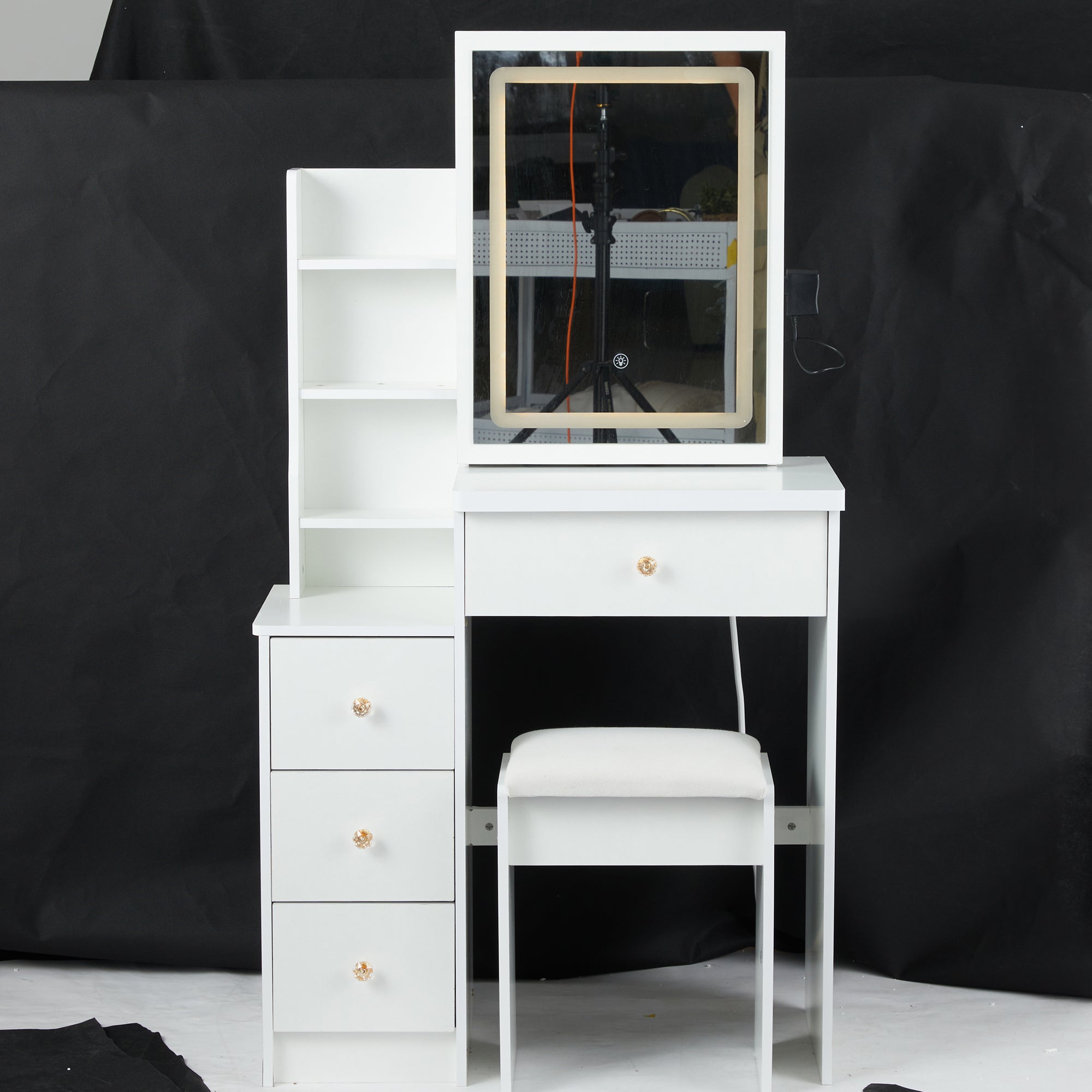 HAOYYE Small Vanity Table Set With Touch Control Sliding LED Mirror, Tri-Color Switching, Adjustable Brightness, Multi-Layer Storage, Includes Cushioned Stool, Ideal For Compact Spaces, EPA, GCC, And UL Certified