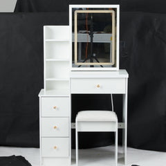 HAOYYE Small Vanity Table Set With Touch Control Sliding LED Mirror, Tri-Color Switching, Adjustable Brightness, Multi-Layer Storage, Includes Cushioned Stool, Ideal For Compact Spaces, EPA, GCC, And UL Certified