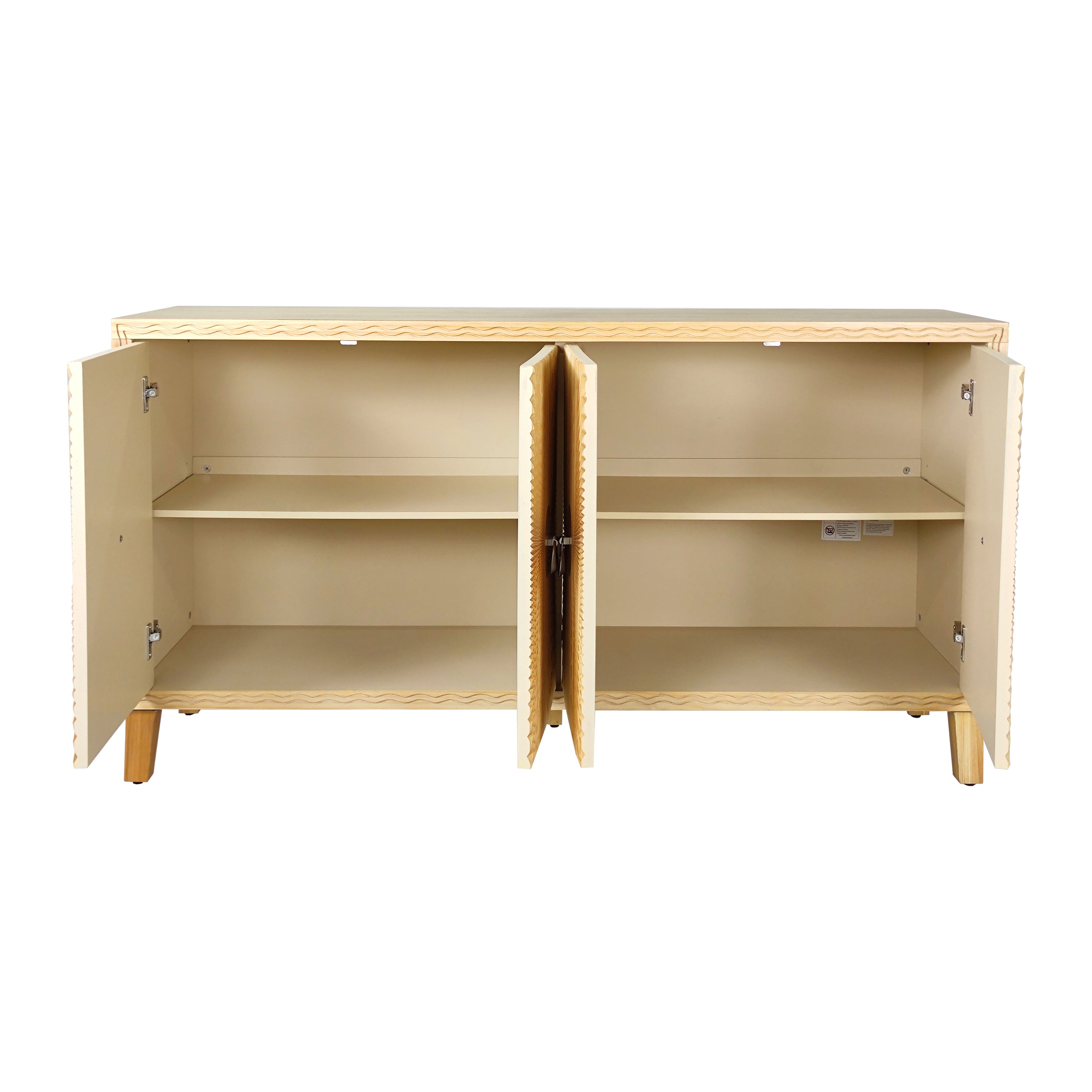 HAOYYE Vintage Storage Cabinet with Carved Scatter Pattern, 4 Door Dining Sideboard and Adjustable Shelves, Versatile Buffet and Accent Cabinet for Living Room, Kitchen, and Hallway, Sturdy and Space-Saving Design in Natural Finish