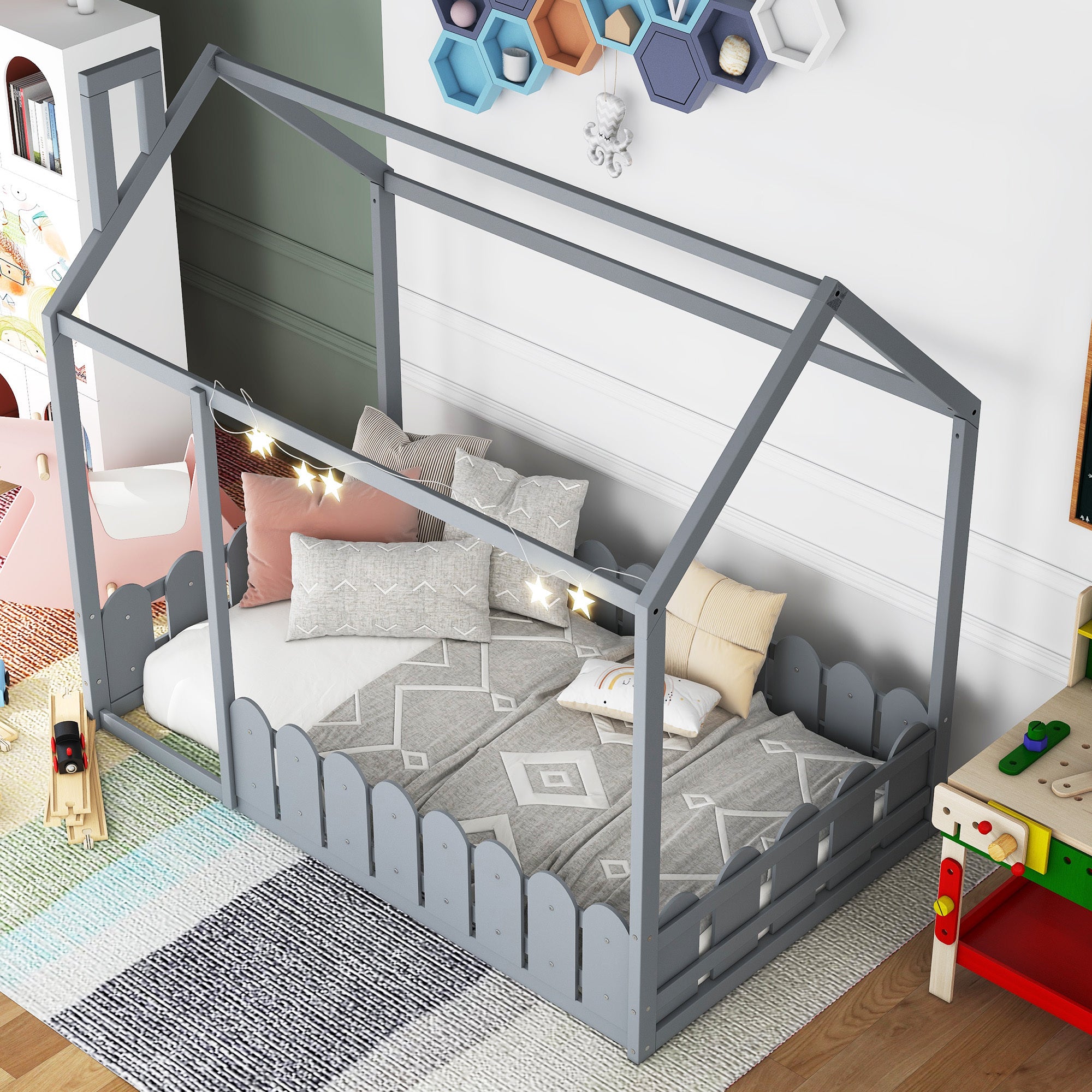 HAOYYE Twin Size Wood Bed House Bed Frame with Fence,for ,Teens, Girls,Boys {Gray}{OLD SKU:WF194274AAE} Sturdy Space-Saving Heavy Duty Modern Design Adults Dorm Room Easy Assembly