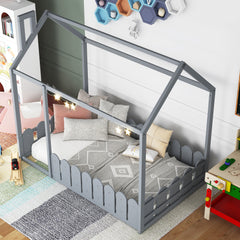 HAOYYE Twin Size Wood Bed House Bed Frame with Fence,for ,Teens, Girls,Boys {Gray}{OLD SKU:WF194274AAE} Sturdy Space-Saving Heavy Duty Modern Design Adults Dorm Room Easy Assembly
