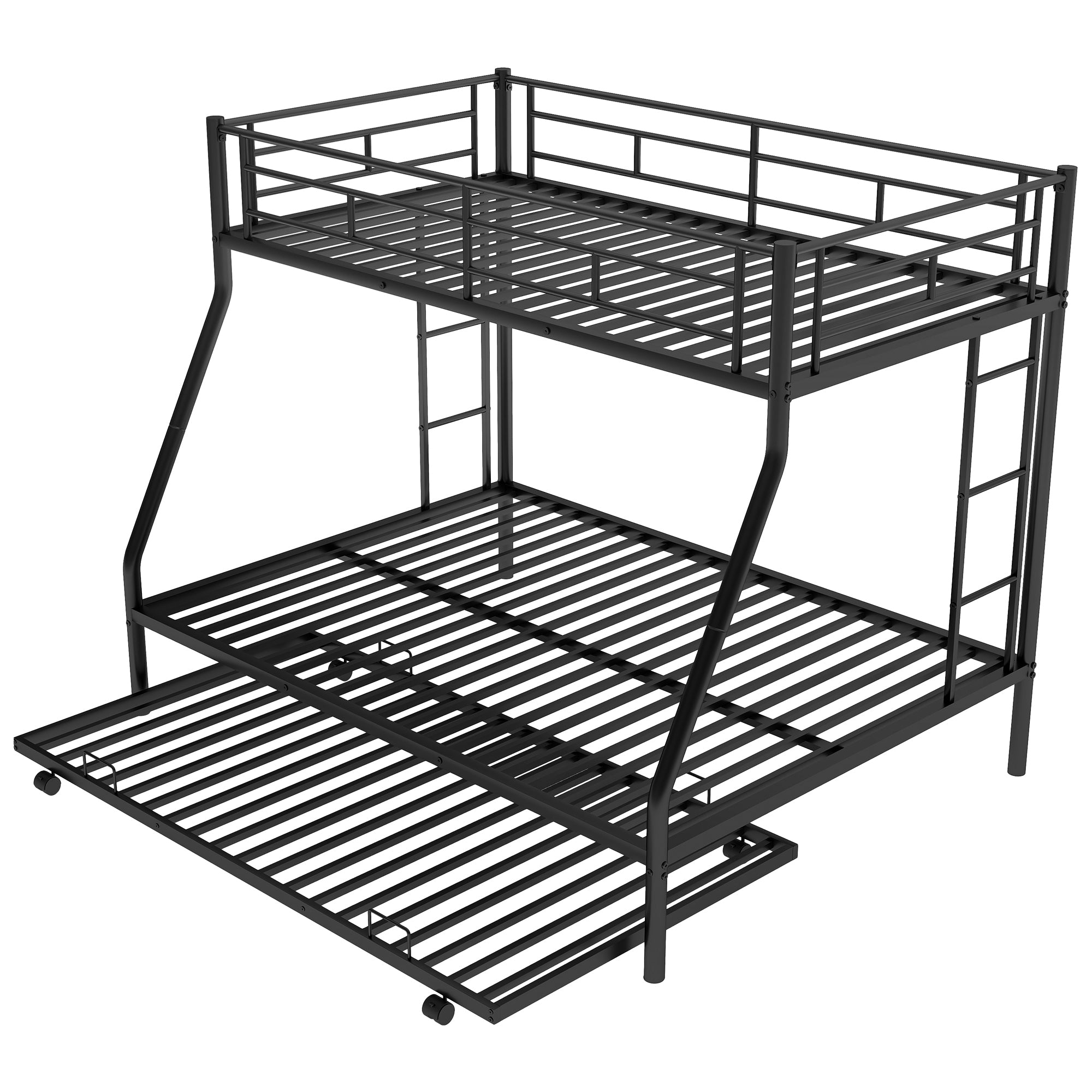HAOYYE Twin over Full Bed with Sturdy Steel Frame, Bunk Bed with Twin Size Trundle, Two-Side Ladders, Black Space-Saving Heavy Duty Modern Design Easy Assembly Durable Stylish Versatile