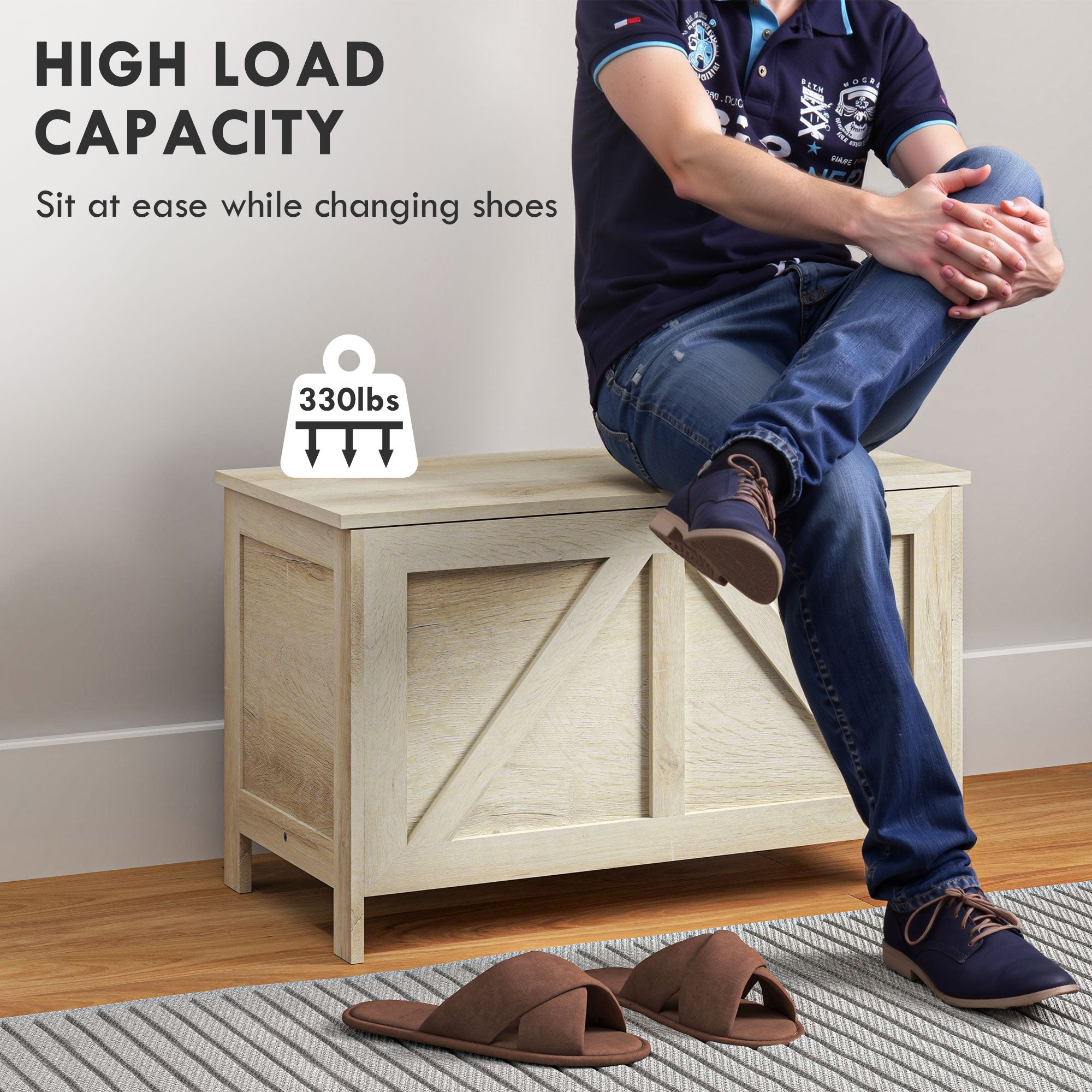 HAOYYE Natural Storage Bench with Flip-Top Lid and Safety Lift Support, Farmhouse Style Wooden Storage Chest for Entryway Bedroom or Study, Multi-Purpose Organizer Cabinet with Strong Load Capacity and Hidden Compartment