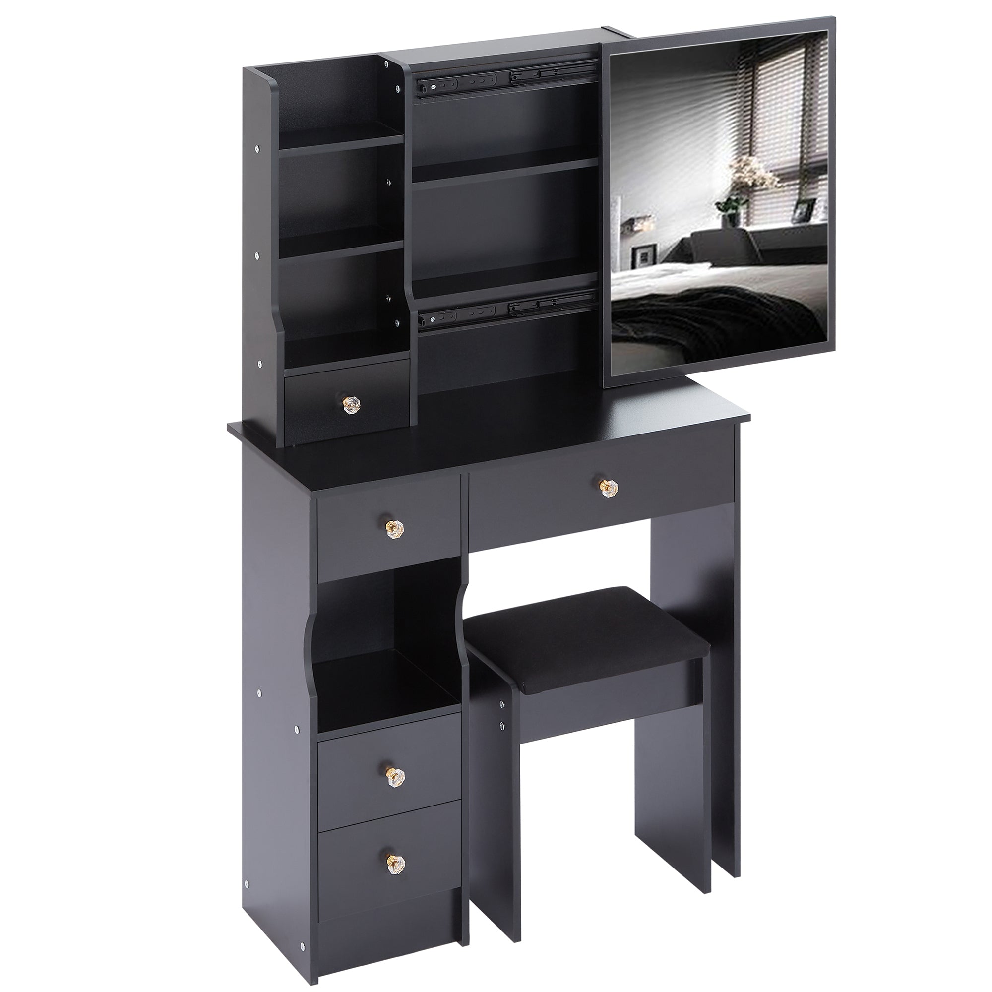 HAOYYE Small Size Left Drawer Desktop Vanity Table + Cushioned Stool, Extra Large Sliding Mirror, Multi Layer, High Capacity Storage Fashionable Dresser, Suitable for Small Space, EPA,GCC,UL Certificate