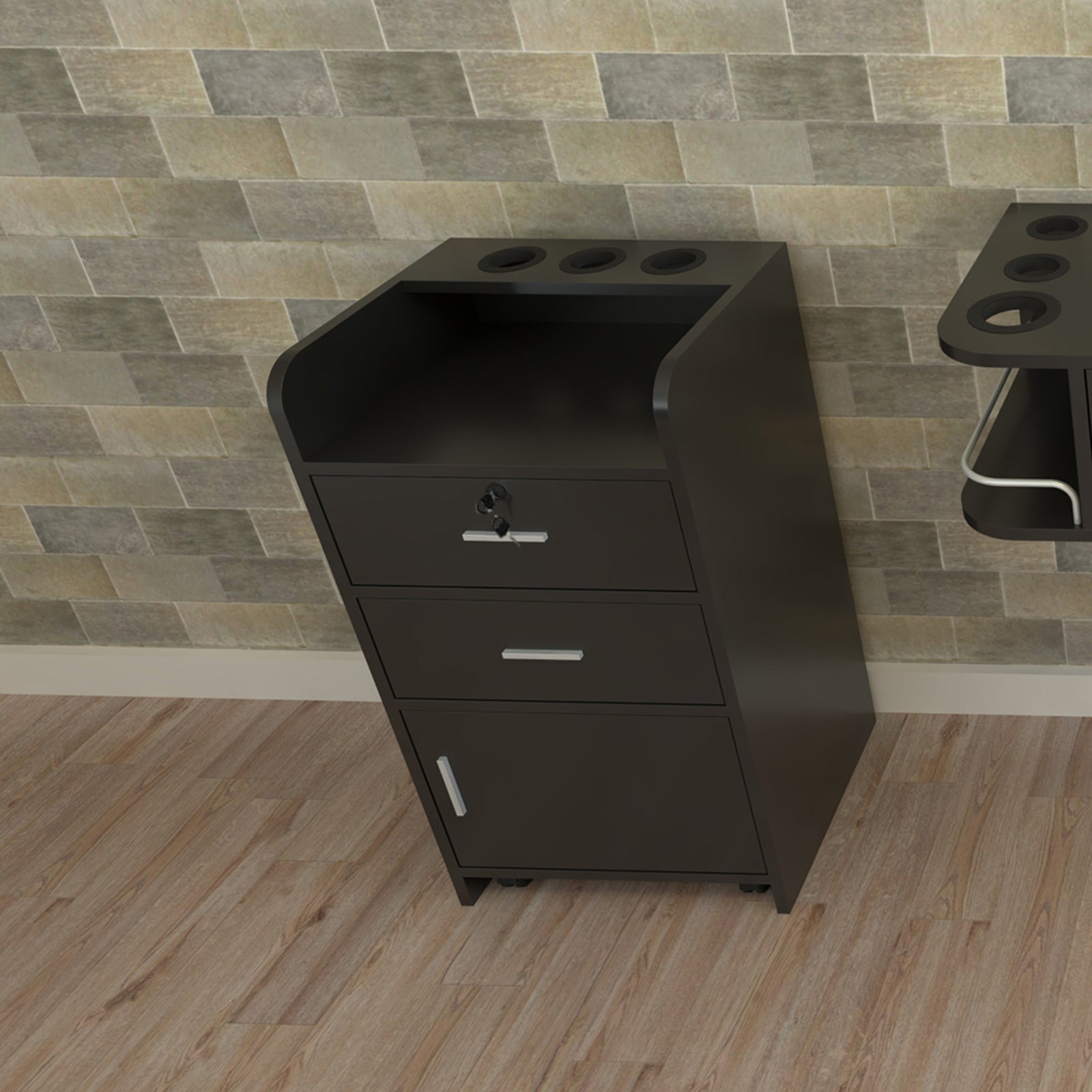 HAOYYE Black Beauty Salon Side Table with 2 Pump Bottles Storage, Mobile Utility Cart with Wheels and Drawer, Compact Rolling Station for Hairdressing, Tattoo, Spa, or Massage Room