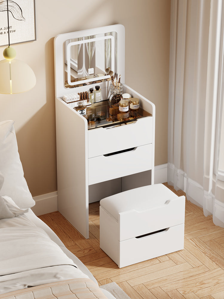 HAOYYE 3-in-1 Vanity Desk with Flip-Top Mirror, Small Makeup Vanity Set with Glass Desktop, Compact Dressing Table with 3 Drawers and Cushioned Stool, Christmas Gift, Sturdy and Stylish Home Furniture