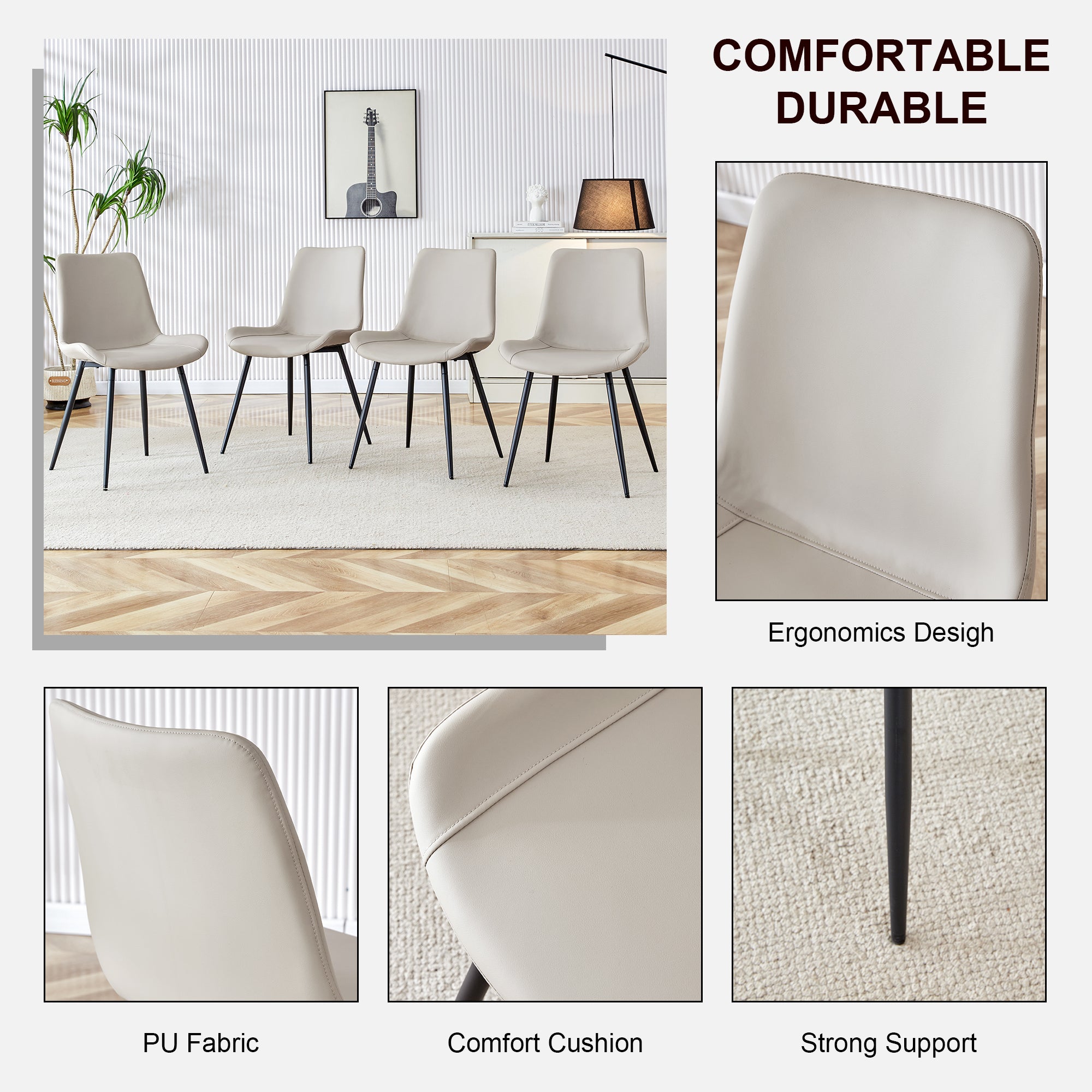 HAOYYE Light Gray Faux Leather Dining Chair, Cushioned Backrest, Black Metal Legs, Widened Seat Design, Comfortable and Stylish, Perfect for Restaurants, Kitchens, Bedrooms, and Offices (Set of 4)