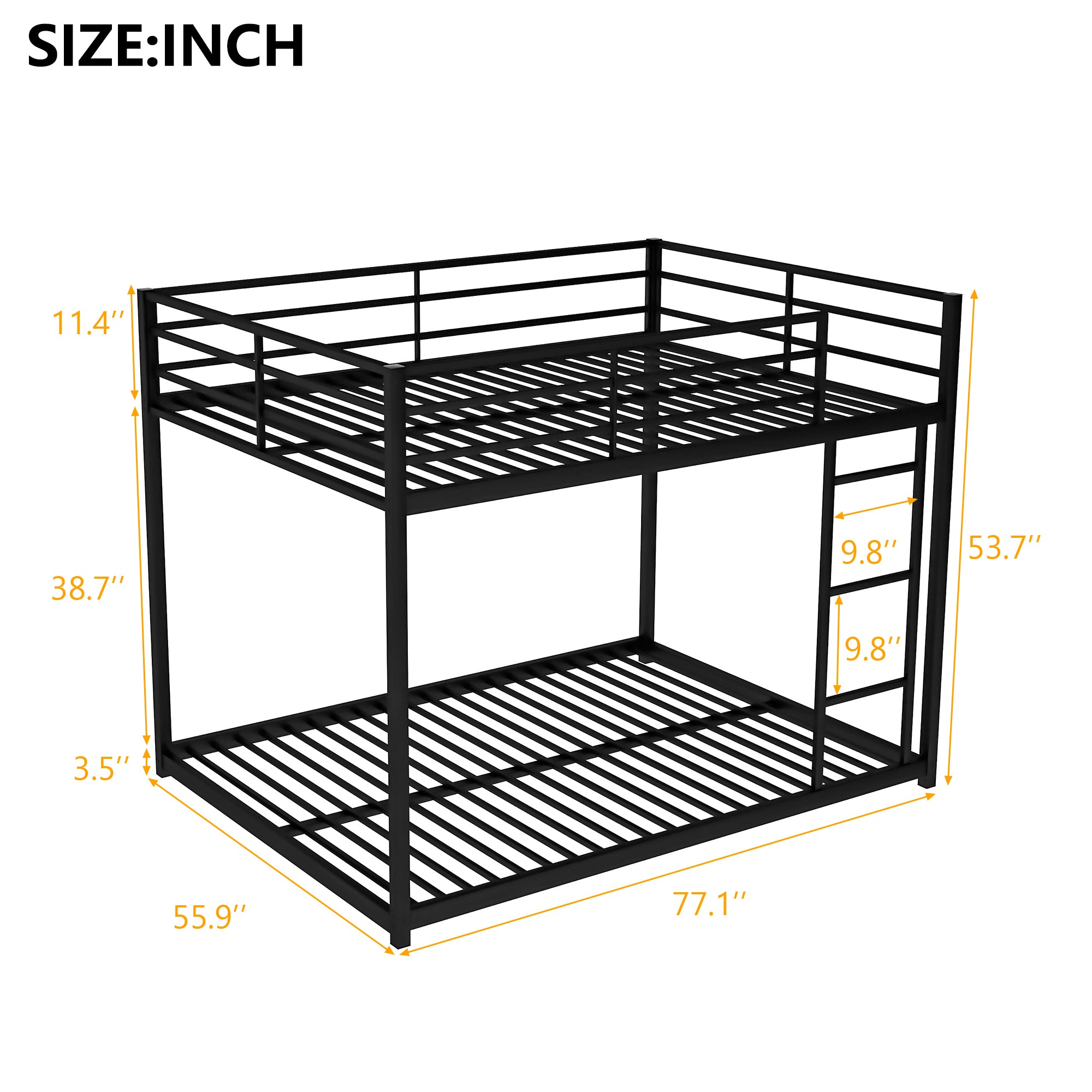 HAOYYE Full over Full Metal Bunk Bed, Low Bunk Bed with Ladder, Heavy Duty Space-Saving, Durable Modern Design, Easy Assembly, Sturdy Bedroom Furniture, Stylish Black Bunk Bed for Kids & Adults, Versatile Home Sleeping Solution