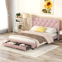 HAOYYE Queen Size Linen Upholstered Platform Bed with Two Drawers, Modern Storage Bed with Sturdy and Space-Saving Design, Heavy Duty Construction, Ideal for Adults and Dorm Rooms, Easy Assembly for Bedroom Furniture
