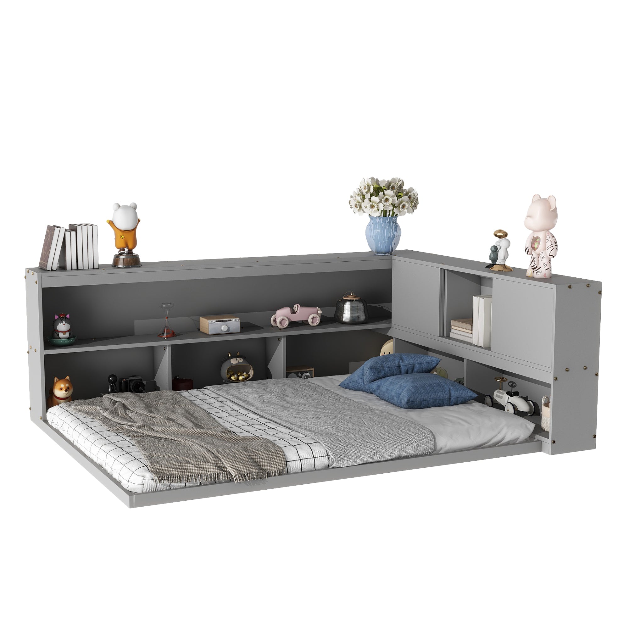 HAOYYE Full Floor Bed with L-shaped Bookcases, sliding doors,without slats,Grey Sturdy Space-Saving Heavy Duty Modern Design Easy Assembly Durable Stylish Home Furniture Versatile