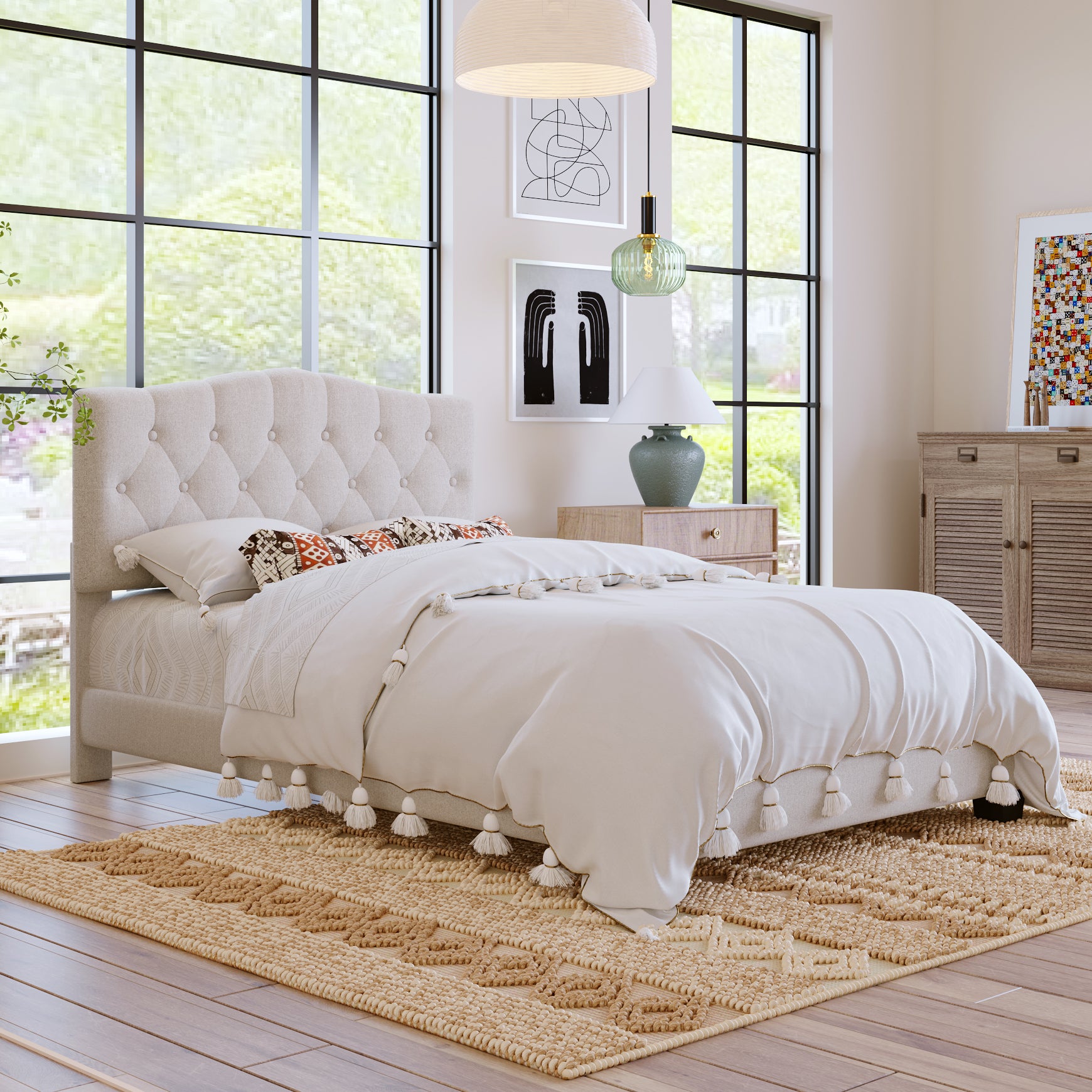 HAOYYE Upholstered Platform Bed with Saddle Curved Headboard and Diamond Tufted Details, Full, Beige Sturdy Space-Saving Heavy Duty Modern Design Adults Dorm Room Easy Assembly Bedroom Furniture