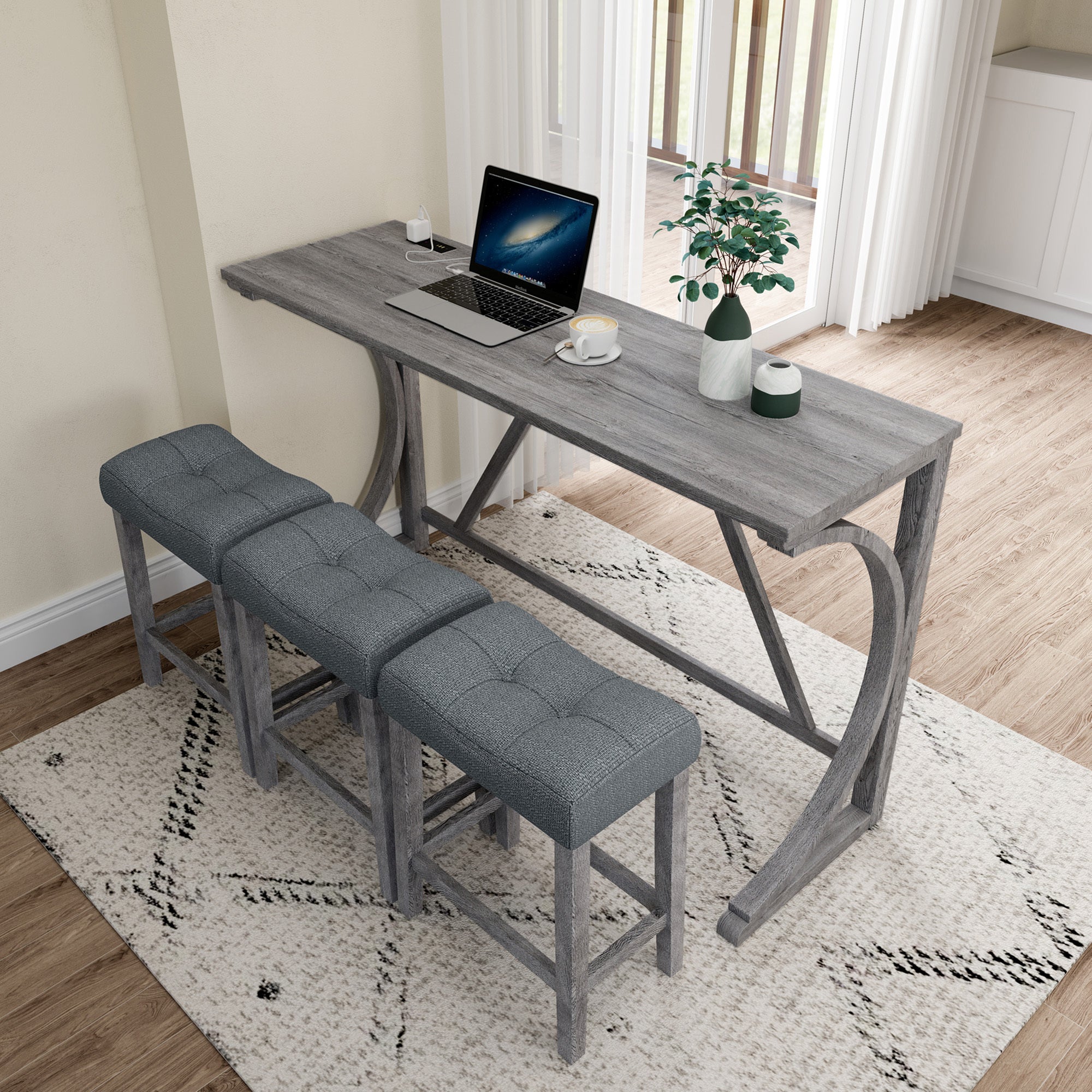 HAOYYE Bar Table Set with Power Outlet, Bar Table and Chairs Set, 4 Piece Dining Table Set, Industrial Breakfast Table Set, for Living Room, Dining Room, Game Room Sturdy Space-Saving Heavy Duty Adults