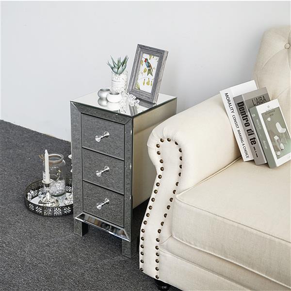 HAOYYE Modern Mirrored Nightstand with 3 Drawers, Contemporary Bedside Table with Glass Surface and Crystal Knobs, Stylish Storage Cabinet for Bedroom Living Room Decor