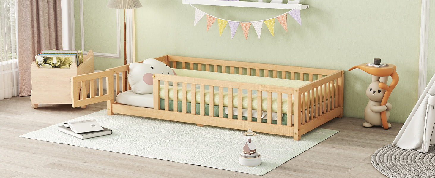 HAOYYE Twin Size Bed Floor Bed with Safety Guardrails and Door for , Natural(Old SKU: W158090686) Sturdy Space-Saving Heavy Duty Modern Design Adults Dorm Room Easy Assembly Bedroom Furniture