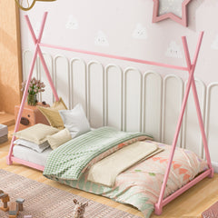 HAOYYE Metal Twin Size House Platform Bed with Triangle Structure, Pink Sturdy Space-Saving Heavy Duty Modern Design Adults Dorm Room Easy Assembly Bedroom Furniture