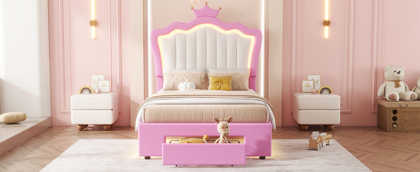 HAOYYE Twin Size Upholstered Bed Frame With LED Lighting, Modern Princess Bed With Crown Headboard And Storage Drawer, Pink And White, Sturdy Space-Saving Heavy Duty Design For Adults And Dorm Rooms