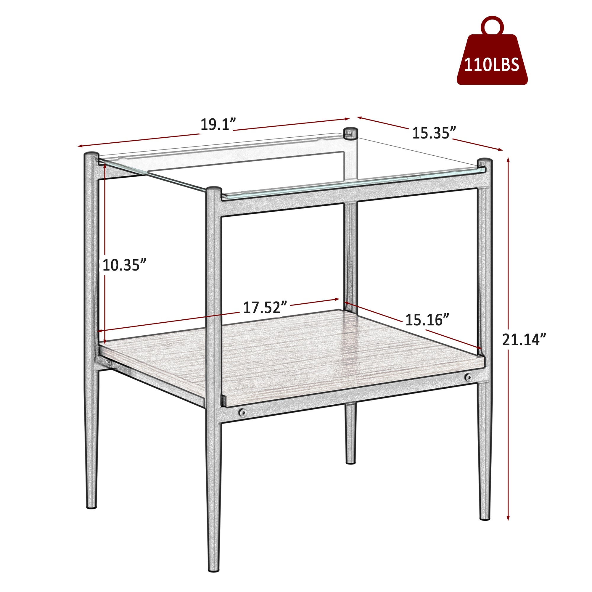HAOYYE Set of 2 Rectangle End Table, Tempered Glass Tabletop with MDF layer, Modern Table for Living Room , Transparent Glass Sturdy Space-Saving Heavy Duty Modern Design Adults Dorm Room Easy Assembly