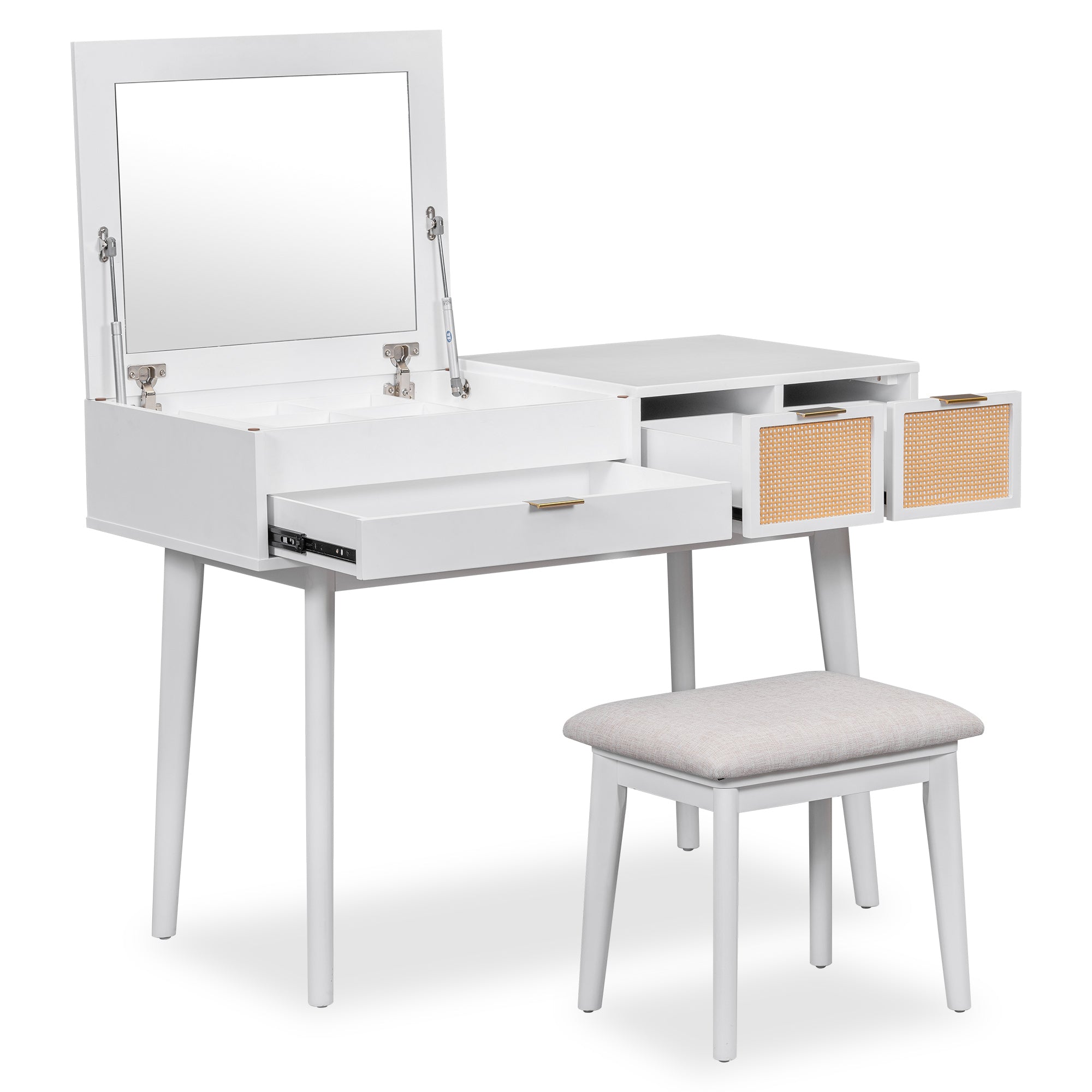 HAOYYE Classic Wood Makeup Vanity Set with Flip-top Mirror and Stool, Dressing Table with Three Drawers and Storage Space, White Modern Design, Luxury Style, Durable Material, Space-saving