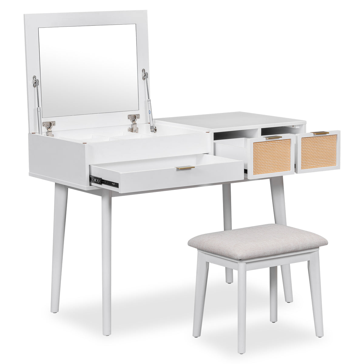 HAOYYE Classic Wood Makeup Vanity Set with Flip-top Mirror and Stool, Dressing Table with Three Drawers and Storage Space, White Modern Design, Luxury Style, Durable Material, Space-saving
