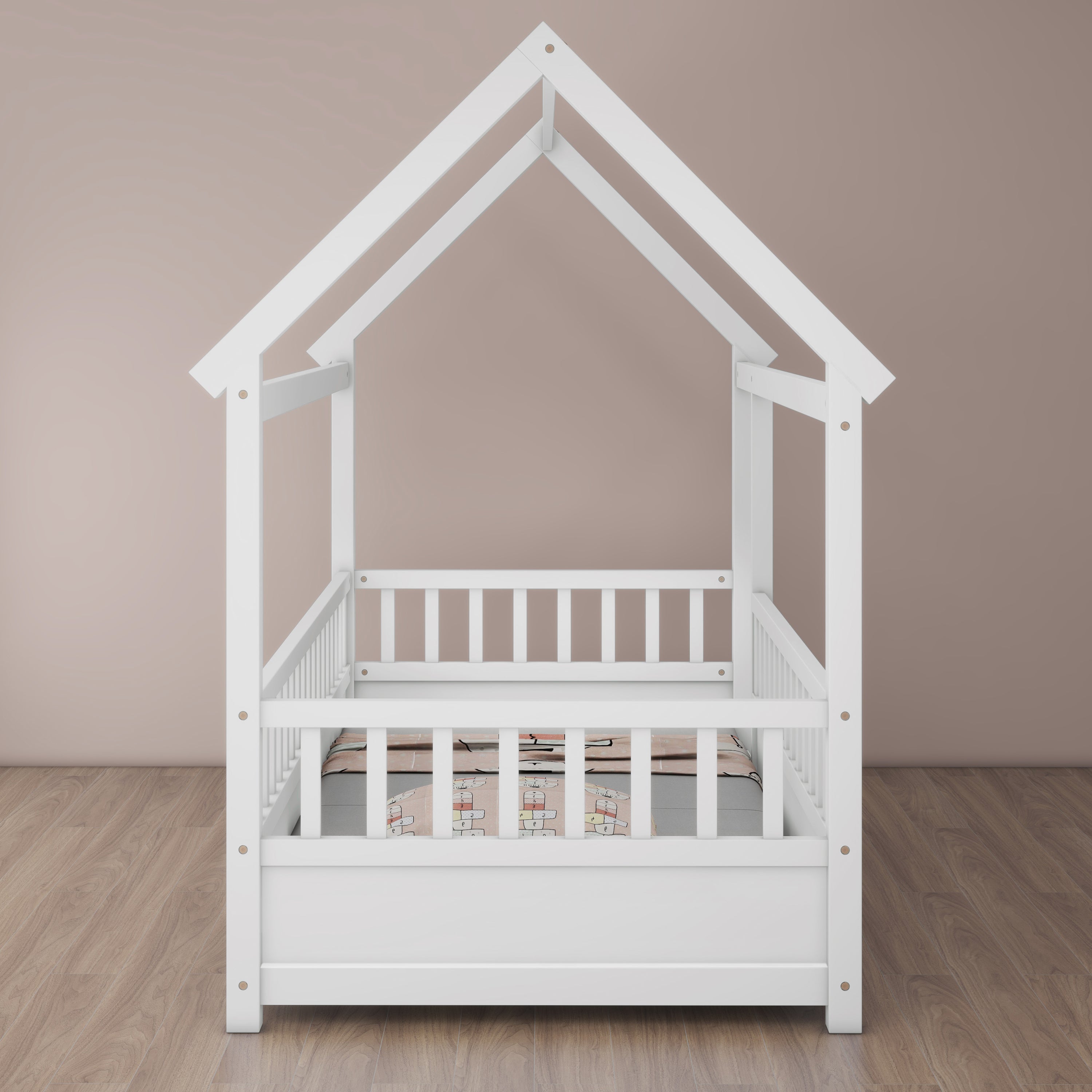 HAOYYE Twin Size Floor Wooden Bed with House Roof Frame, Fence Guardrails,White Sturdy Space-Saving Heavy Duty Modern Design Adults Dorm Room Easy Assembly Bedroom Furniture
