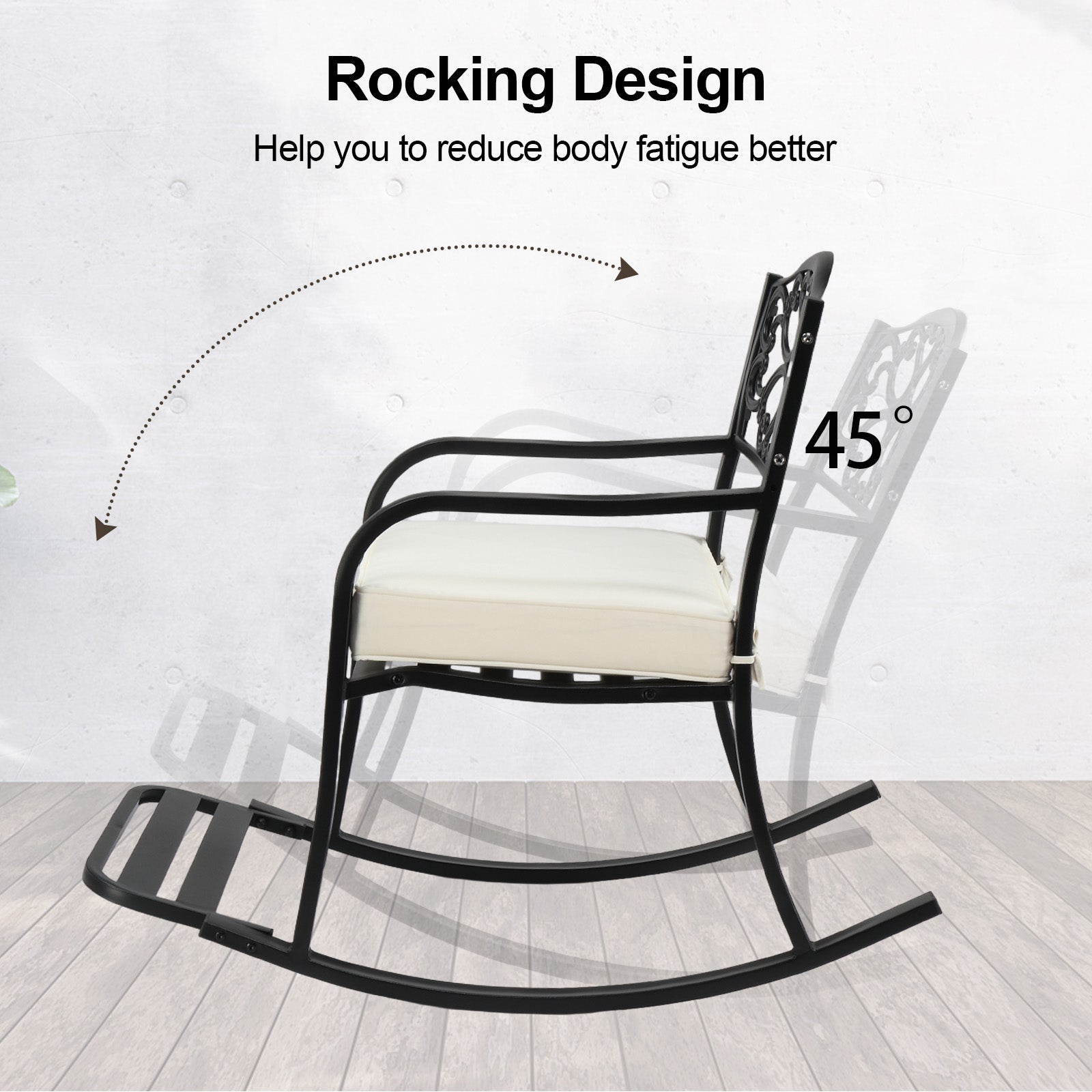 HAOYYE Metal Rocking Chair with Cushion and Footrest, Outdoor Patio Rocker Bench with Weatherproof Cast Iron Frame, Elegant Floral Backrest Rocking Seat for Garden, Porch, Deck, or Lawn Relaxation