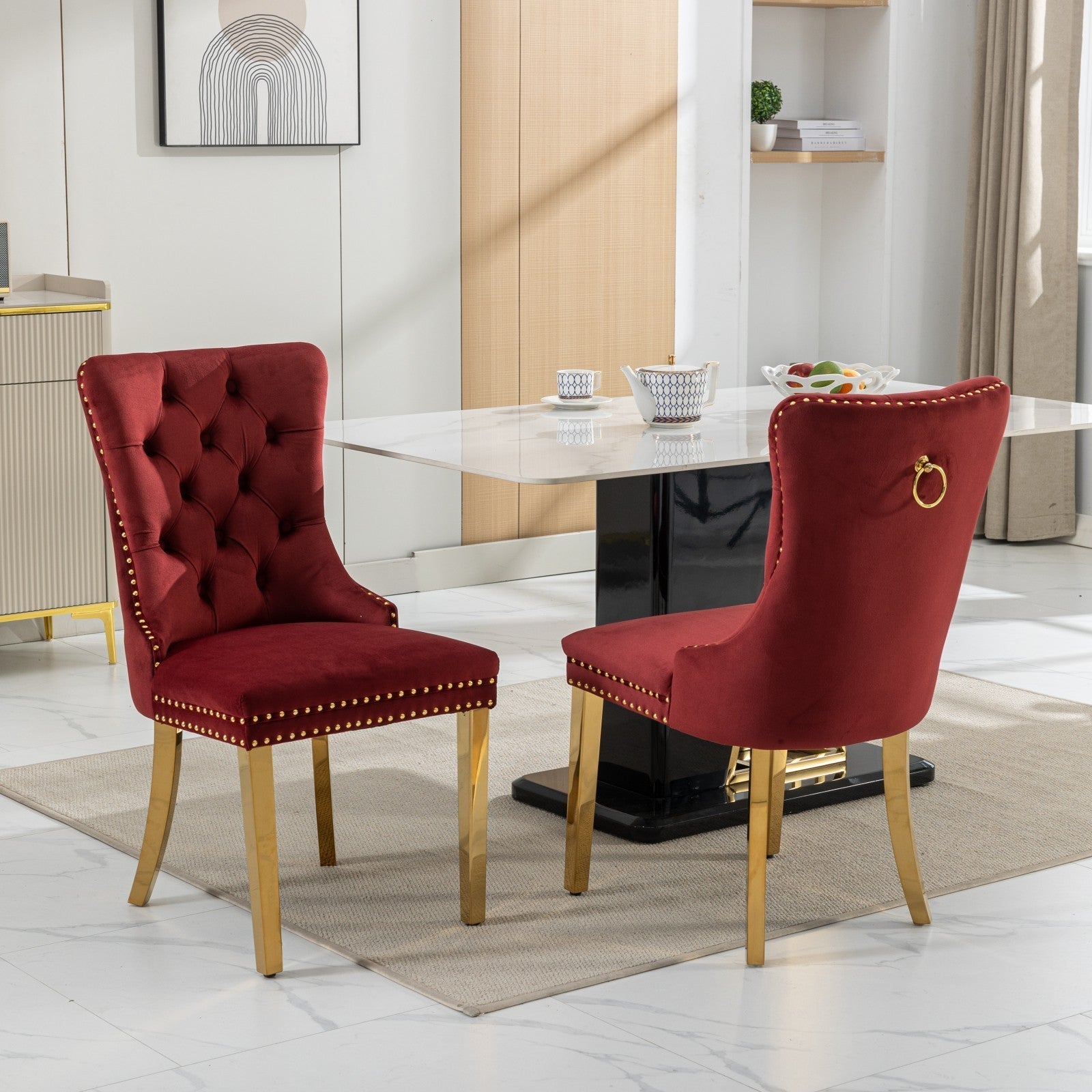 HAOYYE Nikki Collection Modern, High-end Tufted Solid Wood Contemporary Velvet Upholstered Dining Chair with Golden Stainless Steel Plating Legs,Nailhead Trim,Set of 2,Wine Red and Gold, SW1601WR,Burgundy