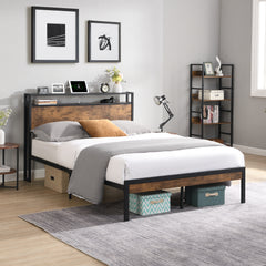 HAOYYE Queen Size Metal Platform Bed Frame with Wooden Headboard and Footboard with USB LINER, No Box Spring Needed, Large Under Bed Storage, Easy Assemble Sturdy Space-Saving Heavy Duty Modern Design