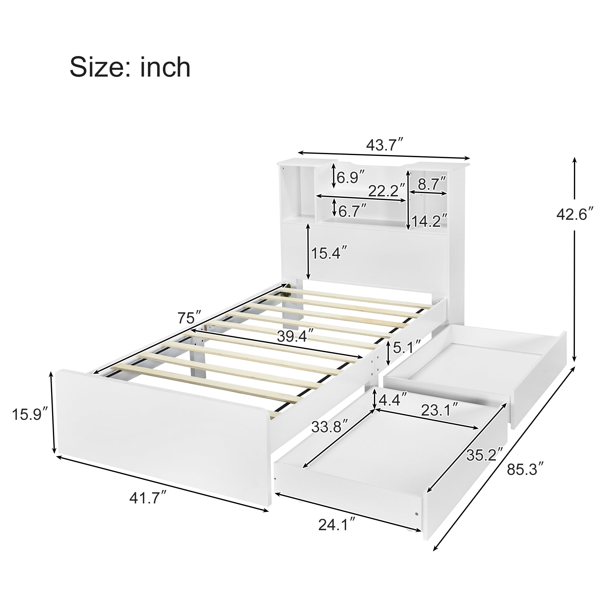 HAOYYE Twin Size Storage Platform Bed Frame with 4 Open Storage Shelves and 2 Drawers, LED Lights, White, Sturdy Space-Saving Heavy Duty Design, Easy Assembly, Ideal for Adults and Dorm Rooms