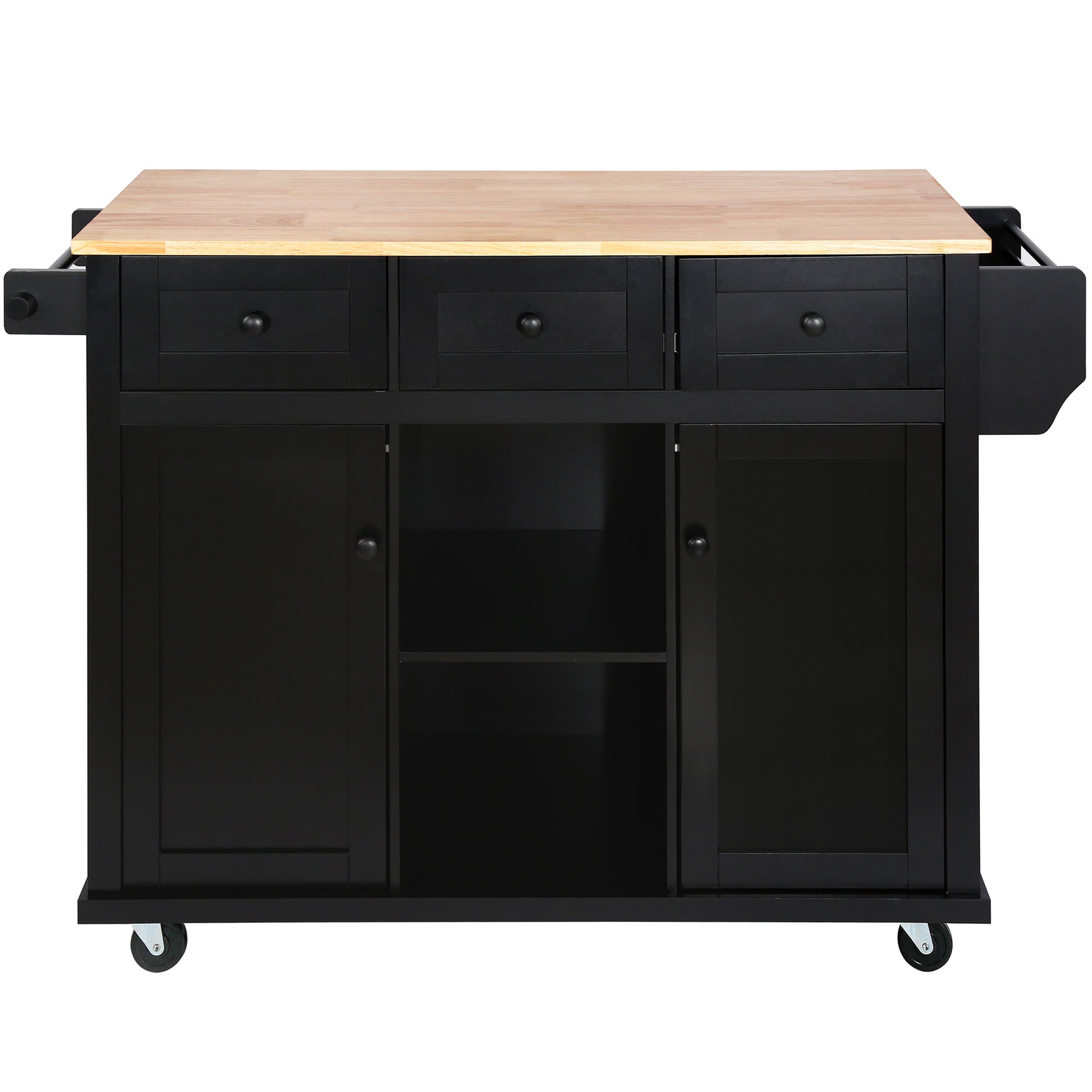 HAOYYE Kitchen Cart with Rubberwood Drop-Leaf Countertop, Internal Storage Racks, 5-Wheel Kitchen Island with Storage Cabinet and 3 Drawers, Black, Sturdy Space-Saving Design, Durable and Stylish Home Furniture