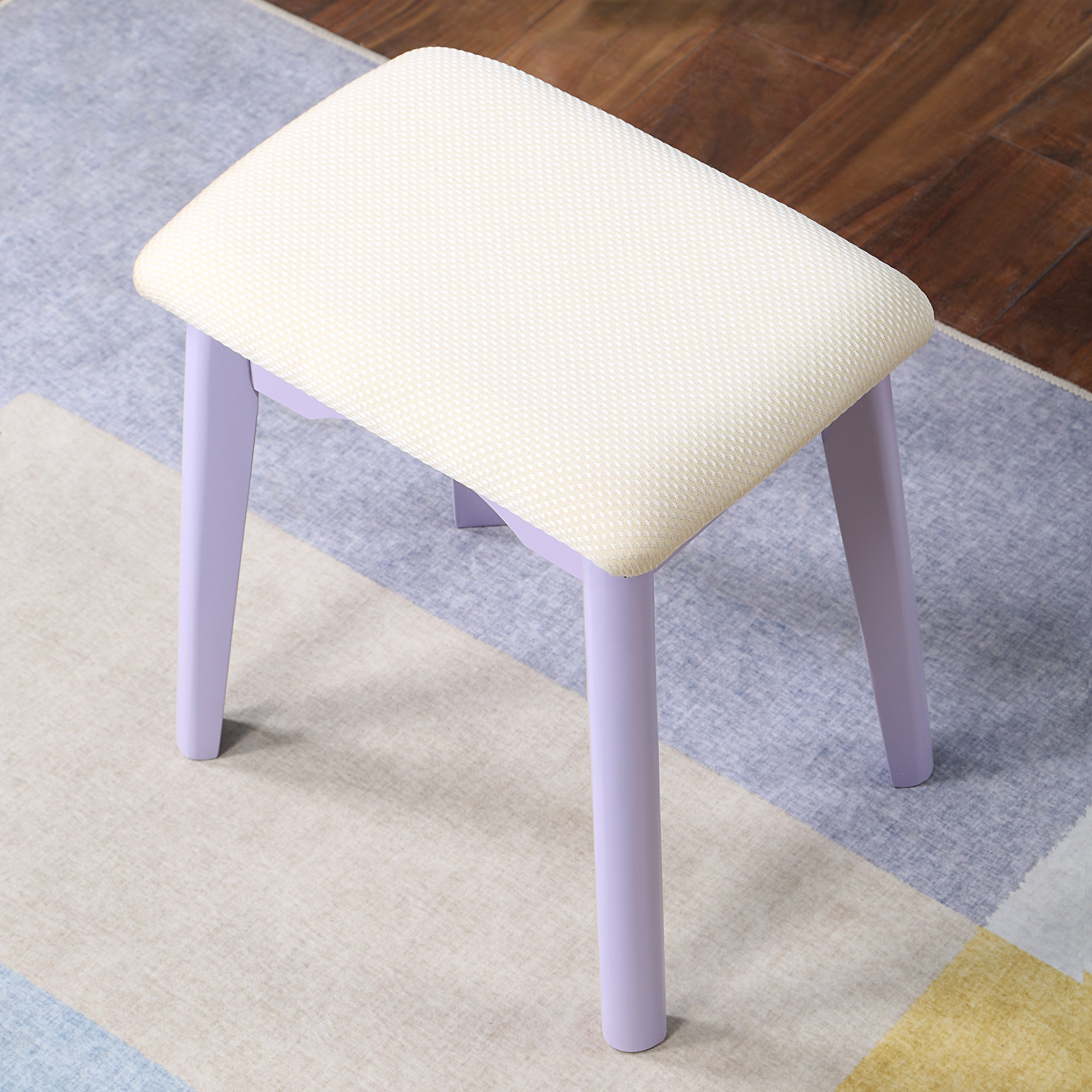 HAOYYE Liannon Contemporary Wood Vanity and Stool Set, Purple Makeup Vanity Table with Storage Drawers, Elegant Dressing Table with Round Mirror and Cushioned Stool, Stylish Compact Vanity Desk for Bedroom, Apartment, or Makeup Room