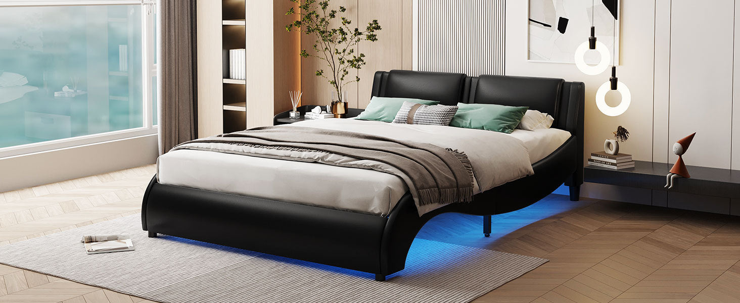 HAOYYE Full Size Upholstered Faux Leather Platform Bed with LED Light Bed Frame with Slatted - Black Sturdy Space-Saving Heavy Duty Modern Design Easy Assembly Durable Stylish Home Furniture Versatile