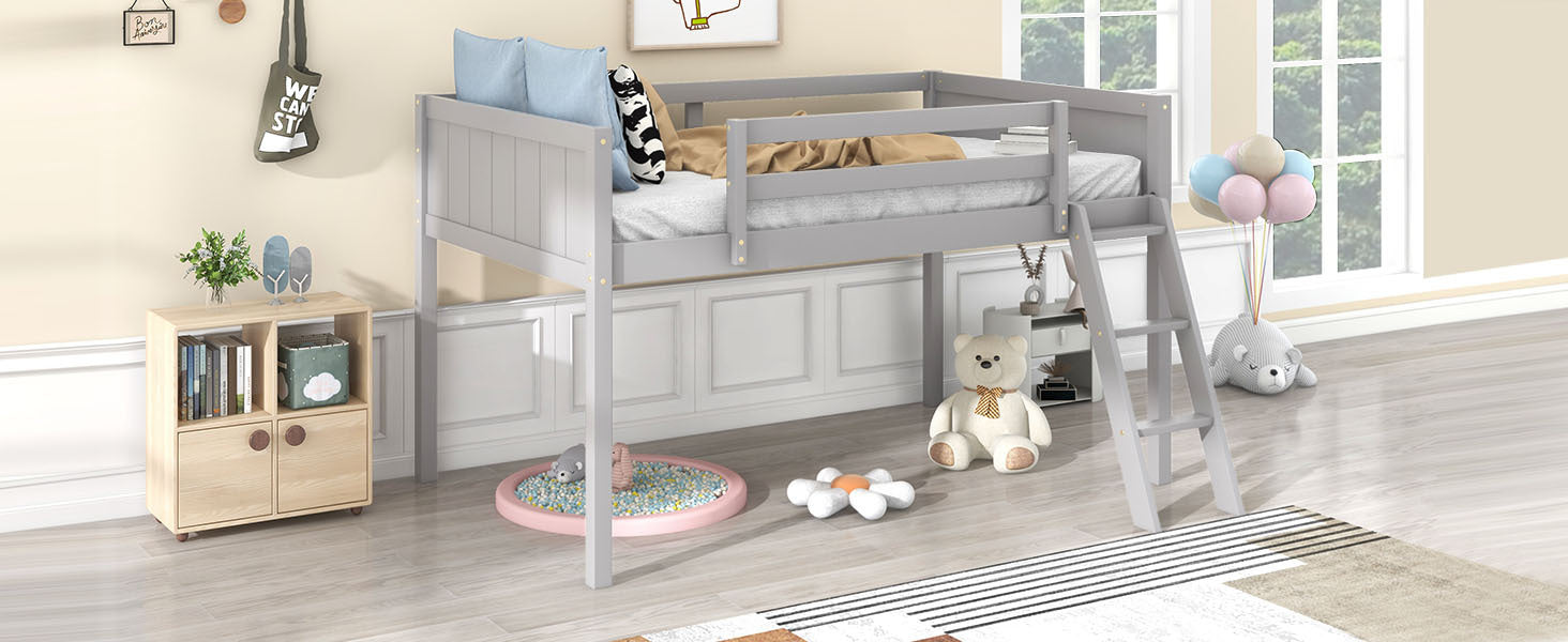 HAOYYE Twin Size Wood Low Loft Bed with Ladder, ladder can be placed on the left or right, Gray Sturdy Space-Saving Heavy Duty Modern Design Adults Dorm Room Easy Assembly Bedroom Furniture