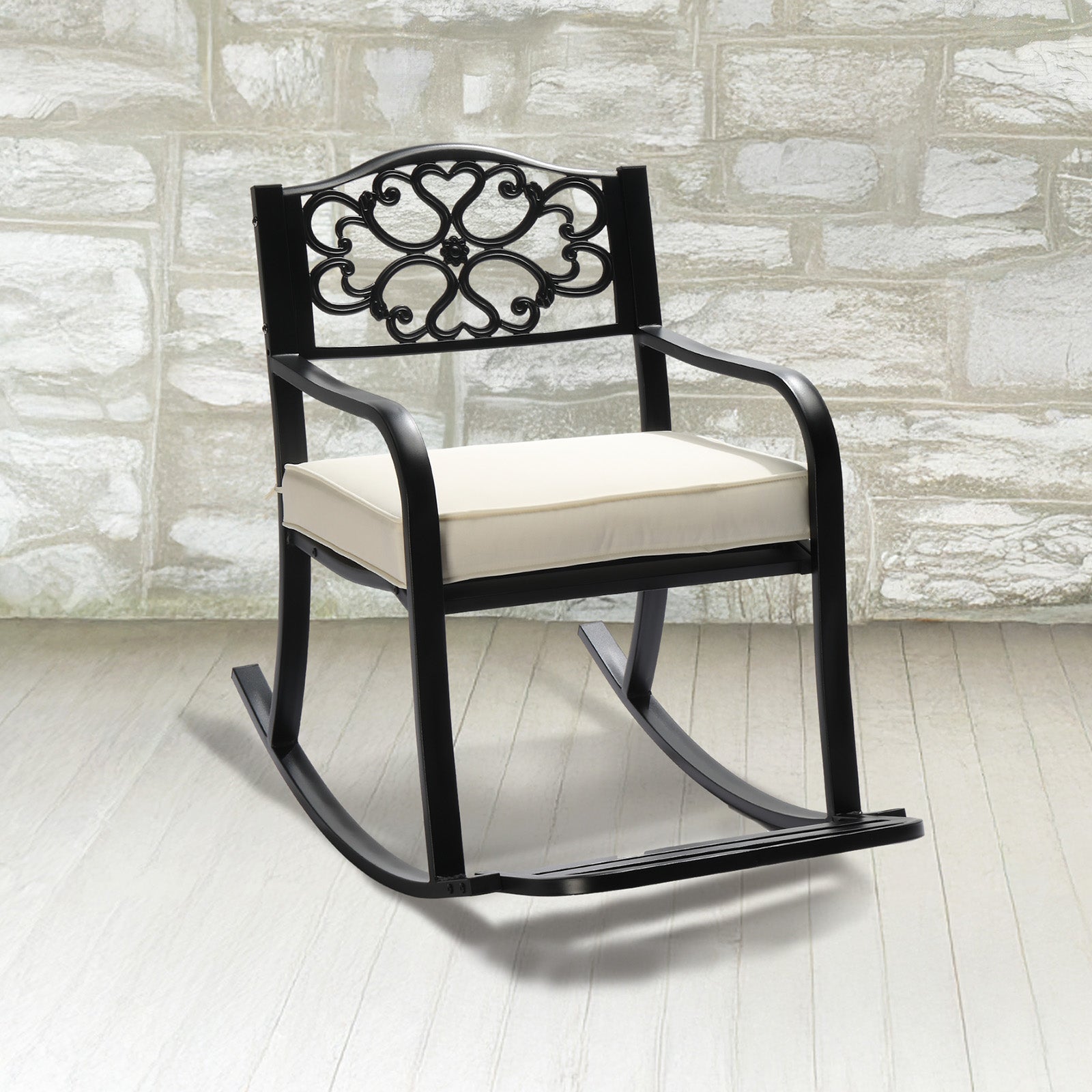 HAOYYE Metal Rocking Chair with Cushion and Footrest, Outdoor Patio Rocker Bench with Weatherproof Cast Iron Frame, Elegant Floral Backrest Rocking Seat for Garden, Porch, Deck, or Lawn Relaxation